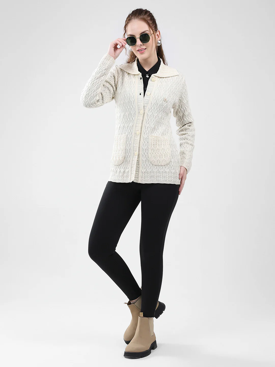 Women White Self Design Collar Full Sleeve Cardigan - Image 2