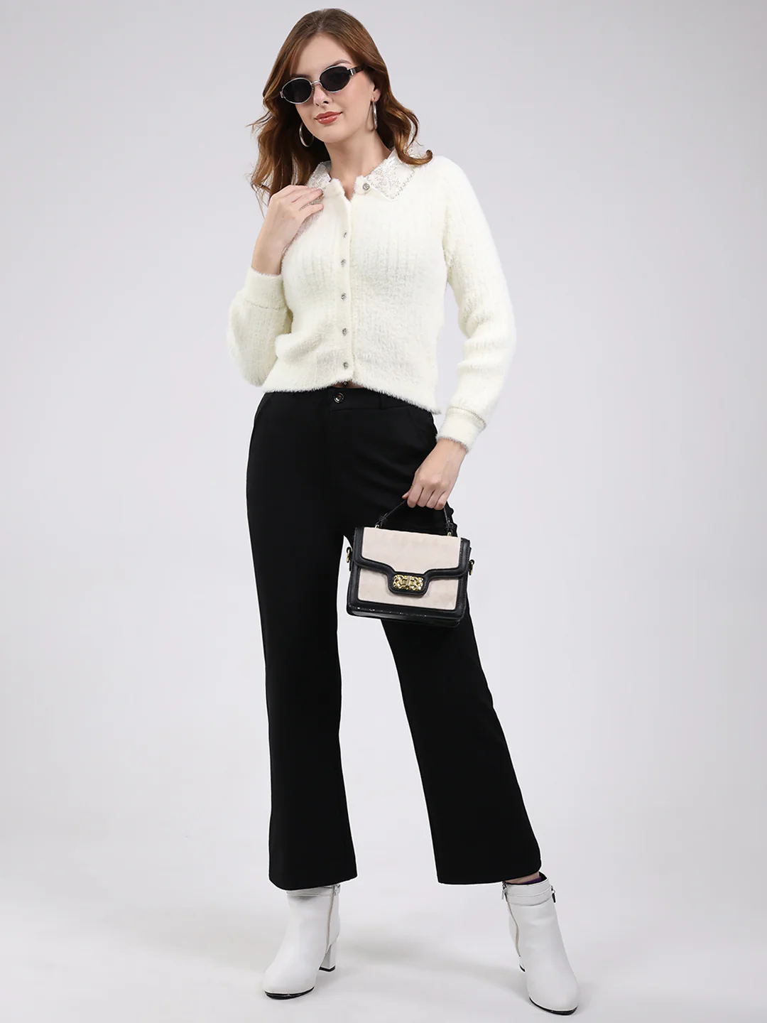 Women White Self Design Collar Full Sleeve Cardigan - Image 2