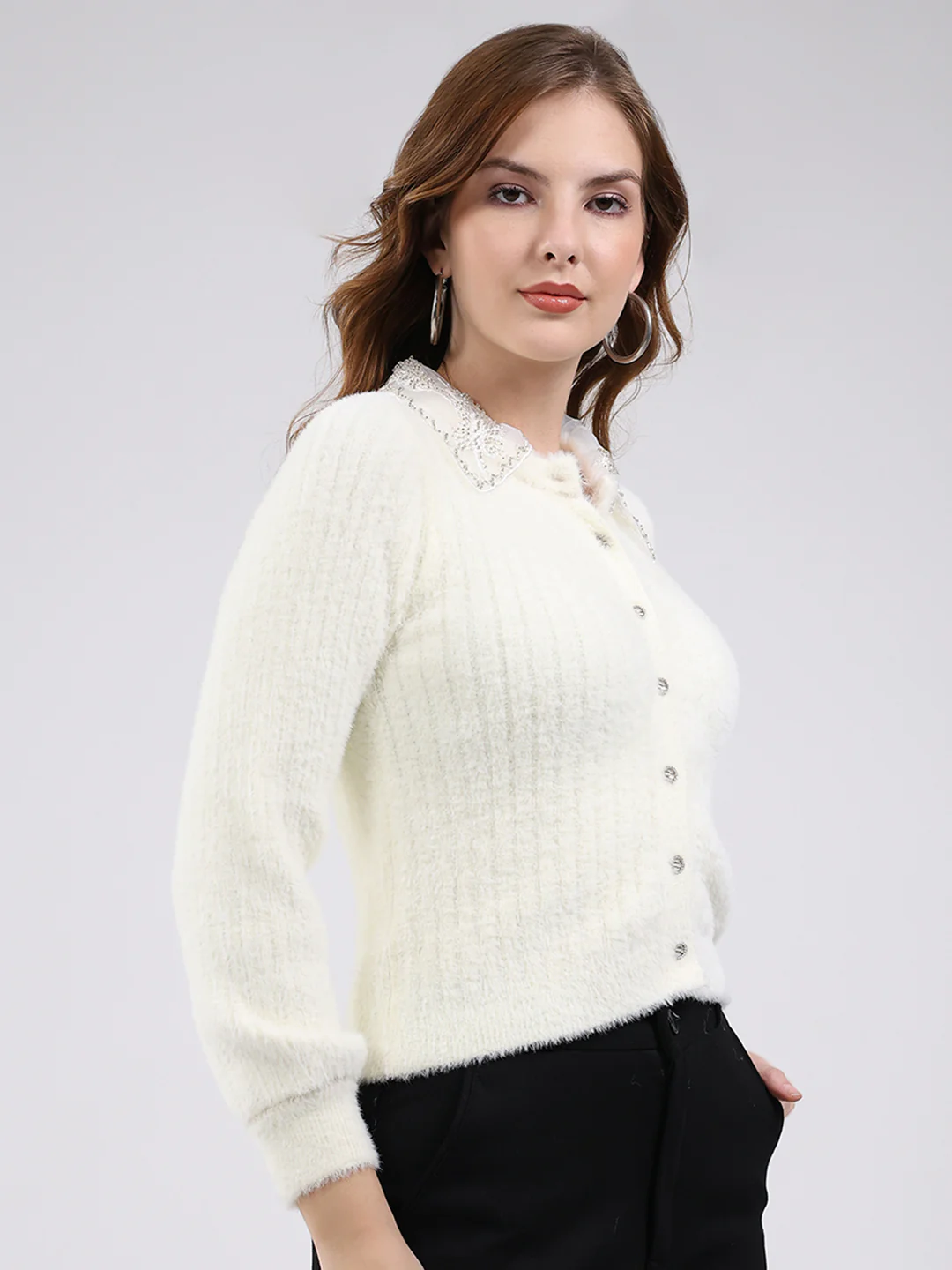 Women White Self Design Collar Full Sleeve Cardigan - Image 4
