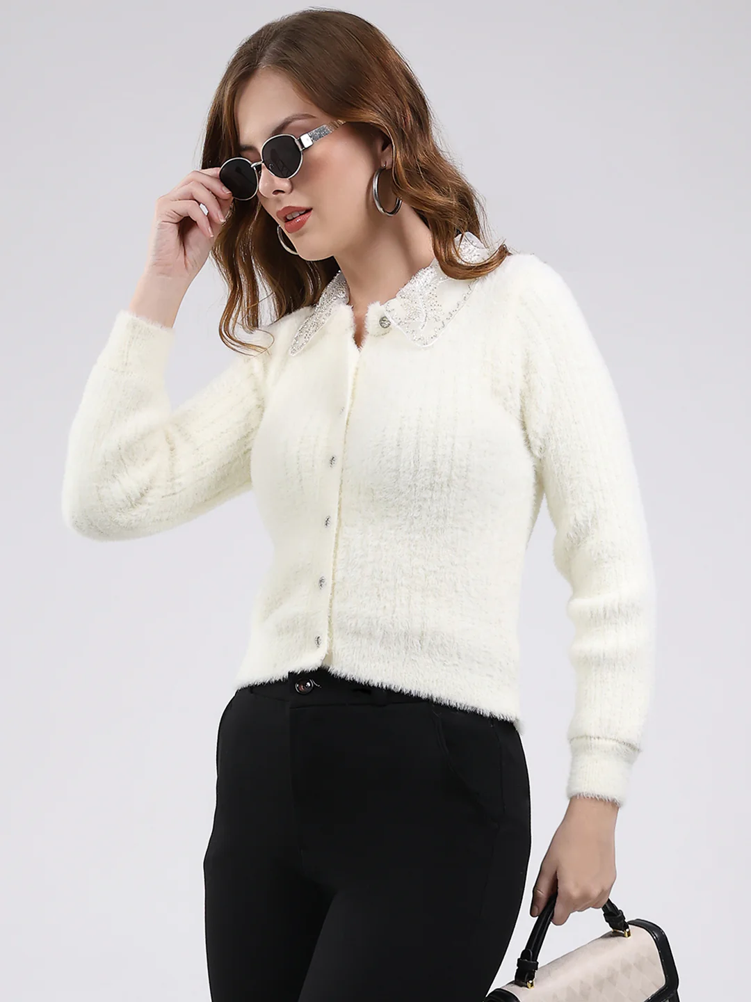 Women White Self Design Collar Full Sleeve Cardigan - Image 6