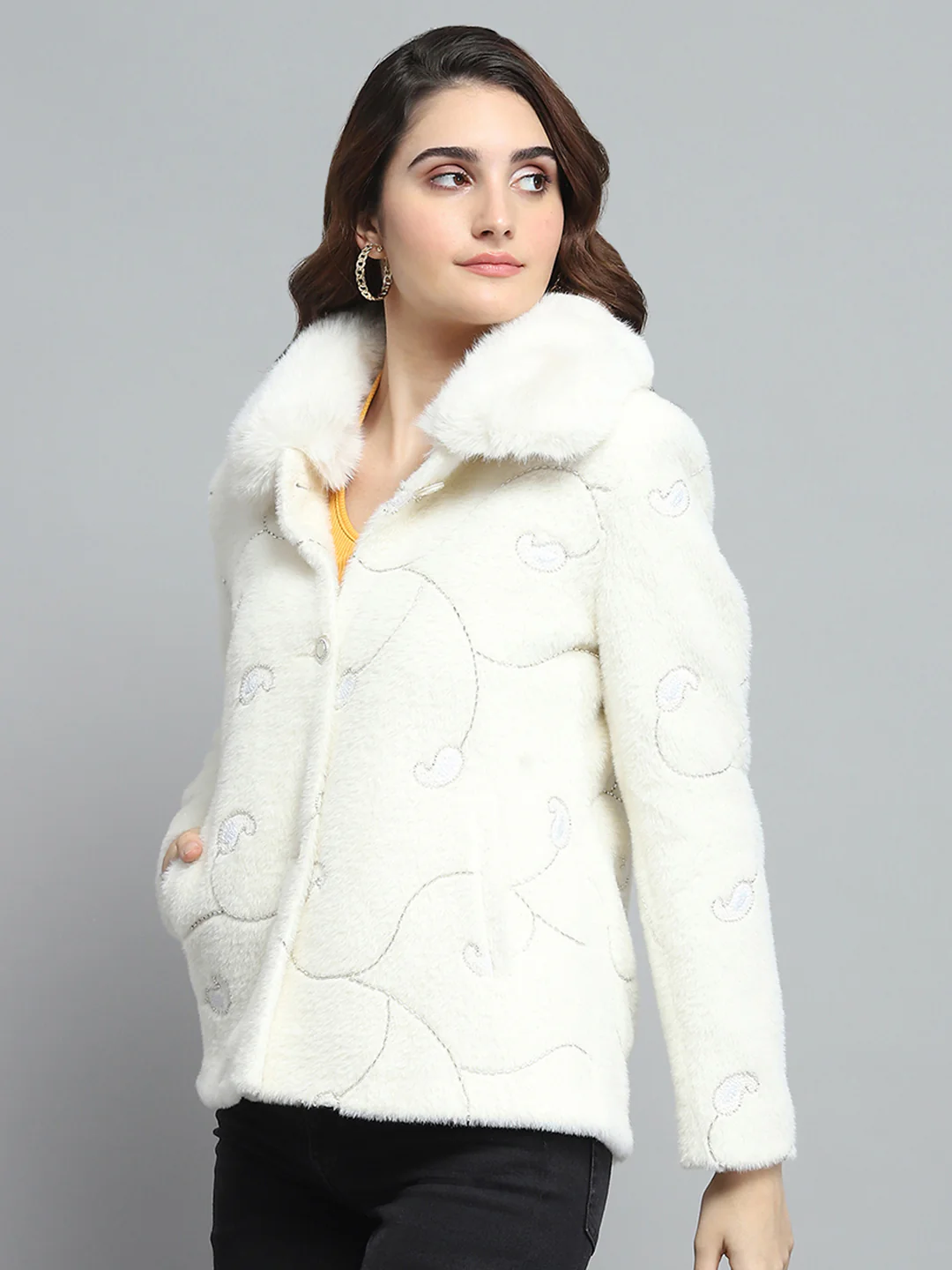 Women White Self Design Collar Full Sleeve Coat - Image 3