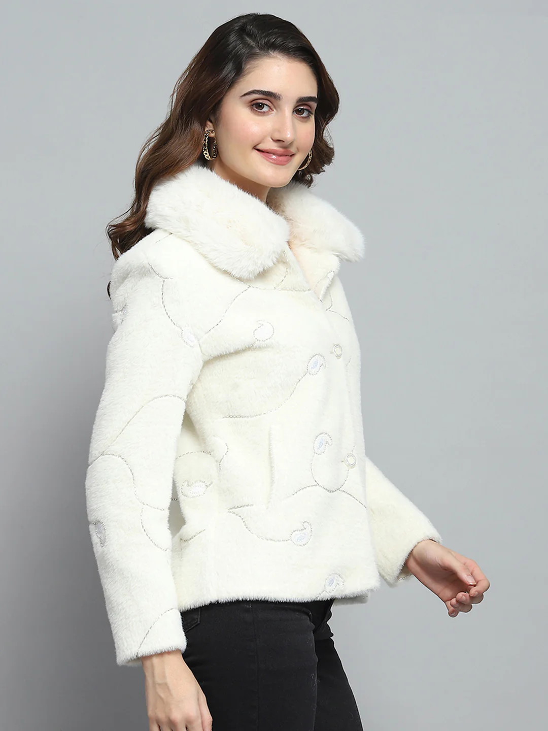 Women White Self Design Collar Full Sleeve Coat - Image 4