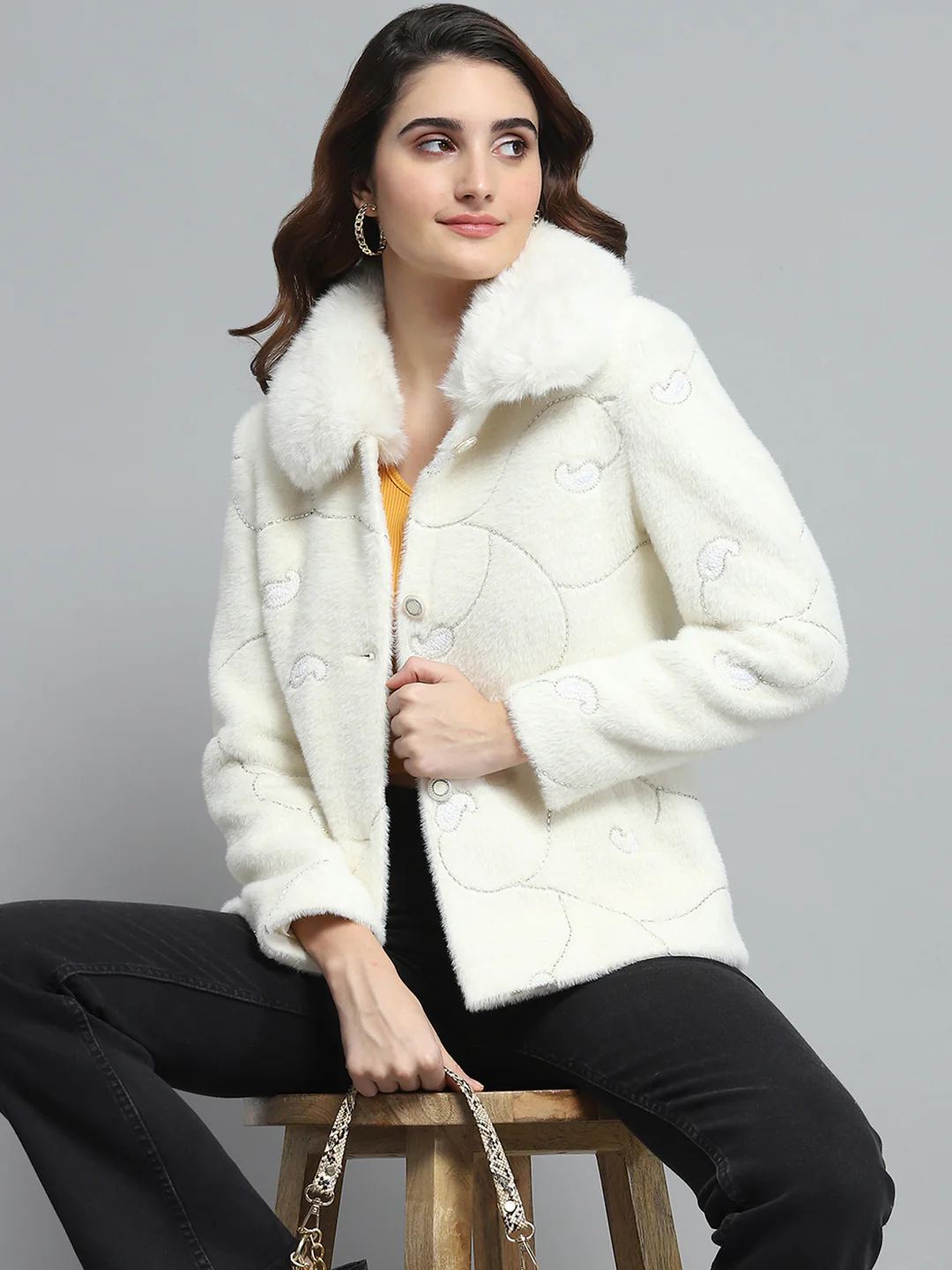 Women White Self Design Collar Full Sleeve Coat - Image 6
