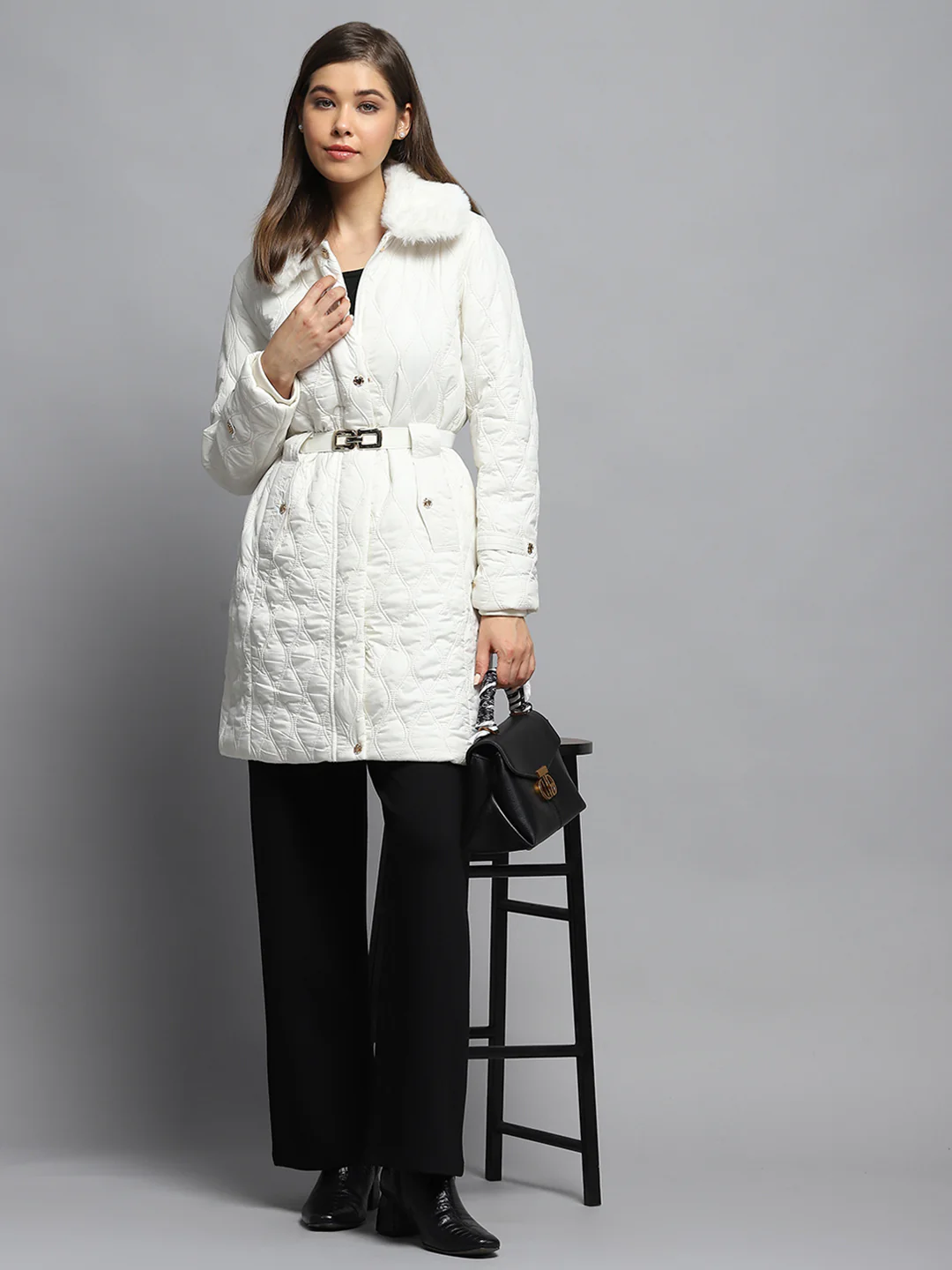 Women White Self Design Collar Full Sleeve Jacket - Image 2