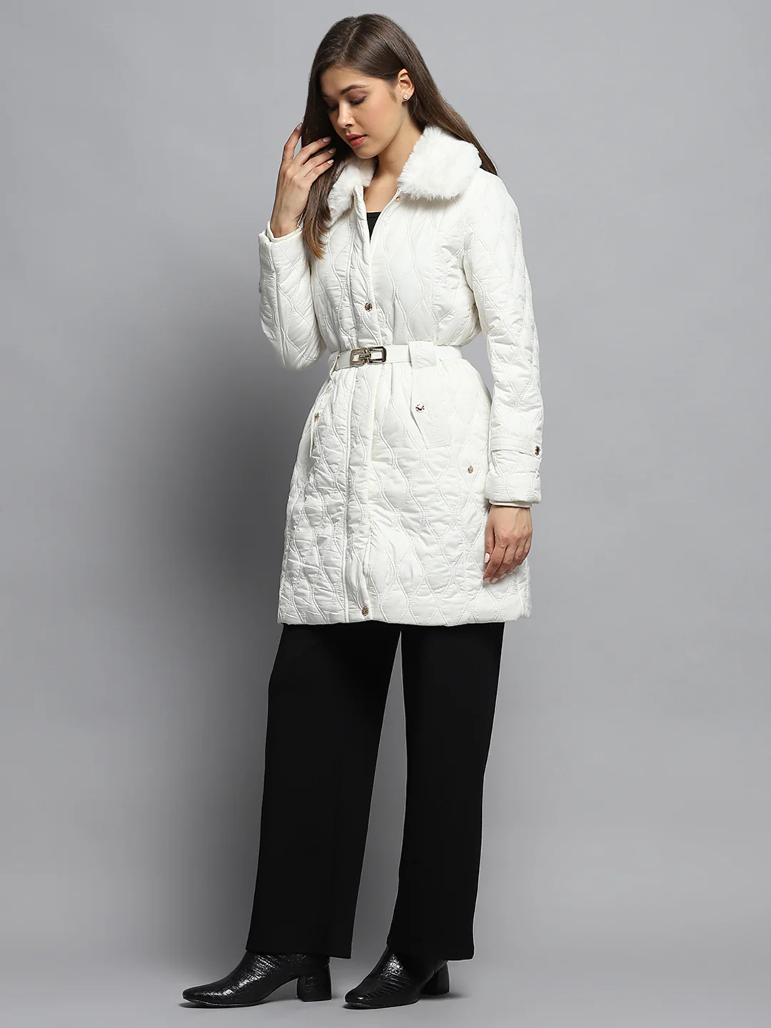 Women White Self Design Collar Full Sleeve Jacket - Image 3