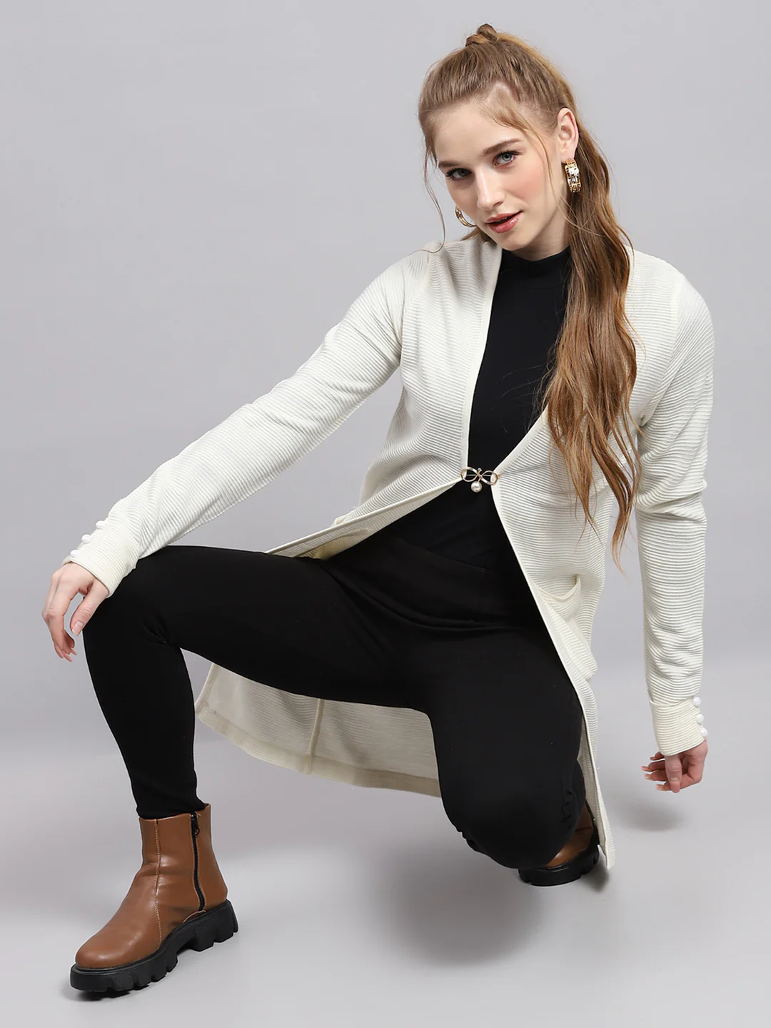 Women White Self Design Front Open Full Sleeve Cardigan - Image 2