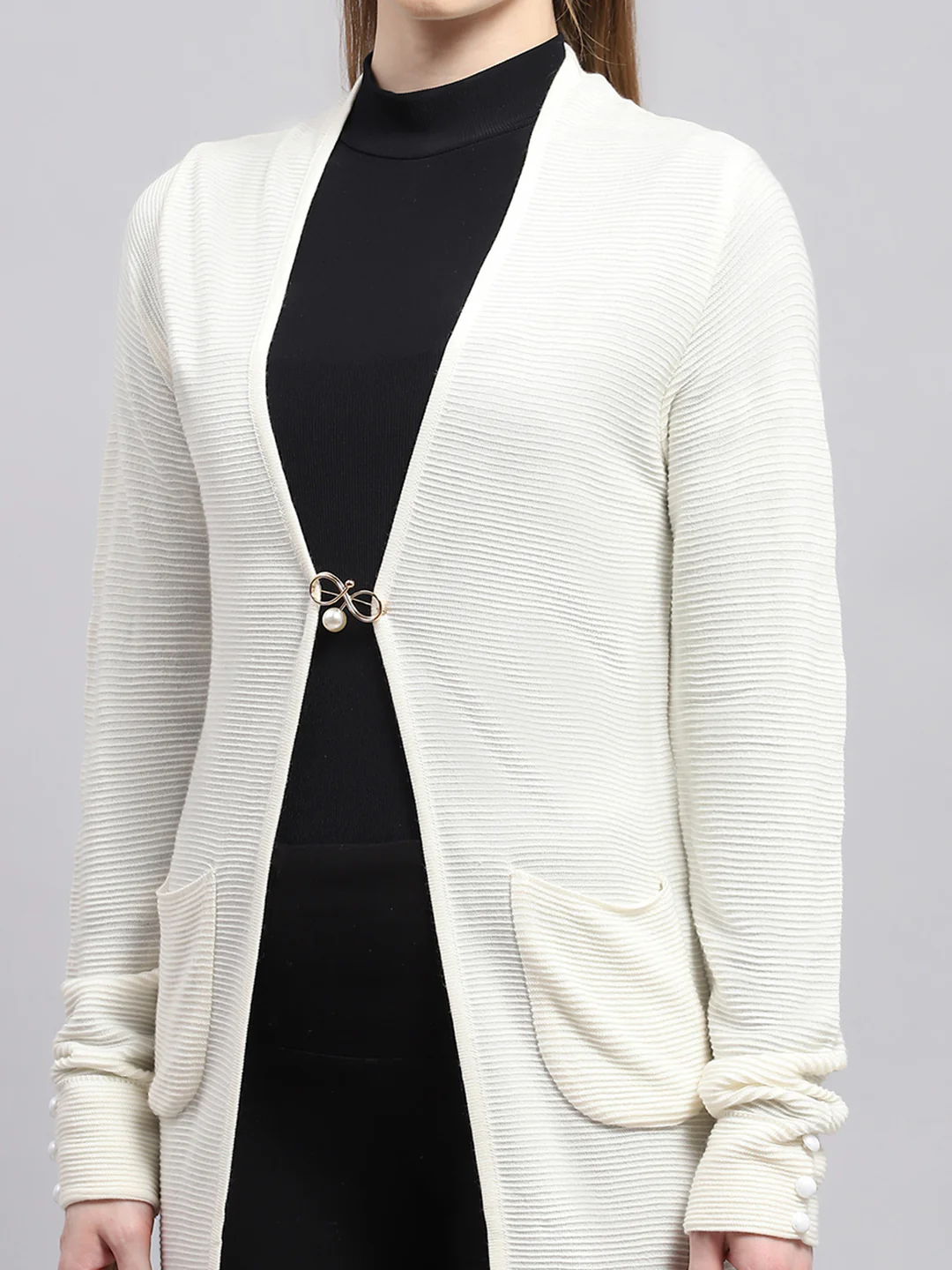 Women White Self Design Front Open Full Sleeve Cardigan - Image 7