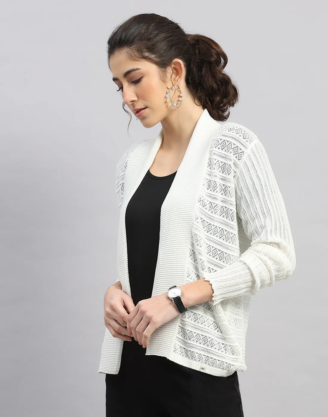 Women White Self Design Front Open Full Sleeve Winter Top - Image 2