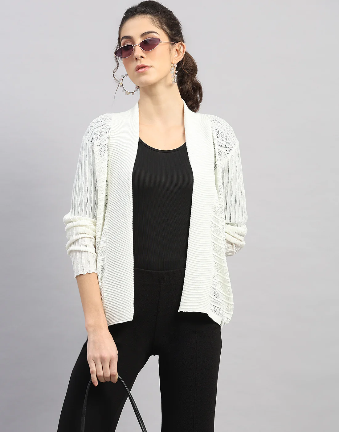 Women White Self Design Front Open Full Sleeve Winter Top - Image 6