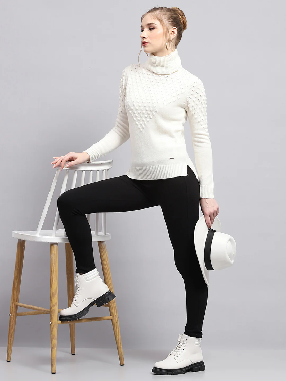 Women White Self Design High Neck Full Sleeve Winter Tops - Image 2