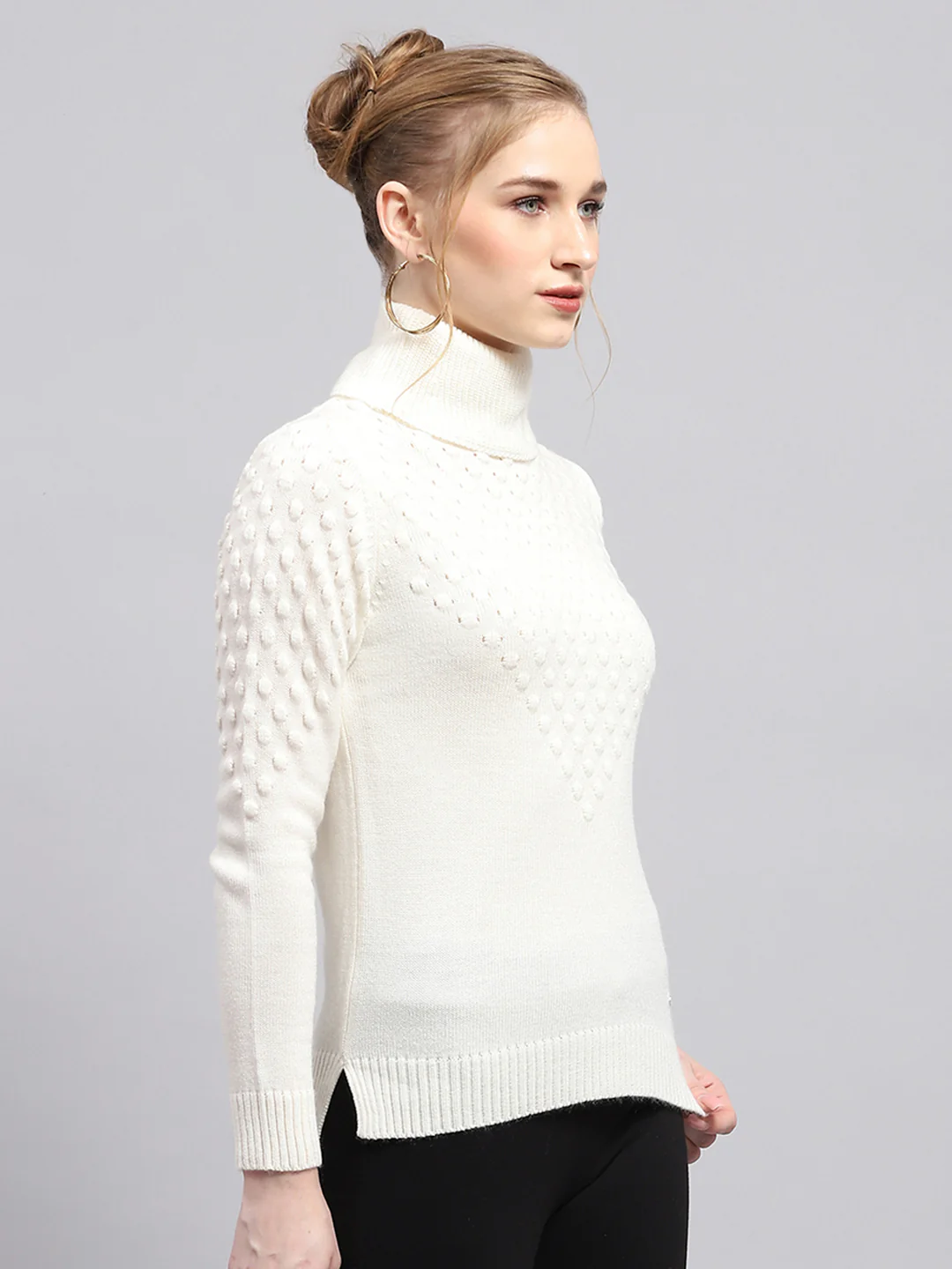 Women White Self Design High Neck Full Sleeve Winter Tops - Image 4