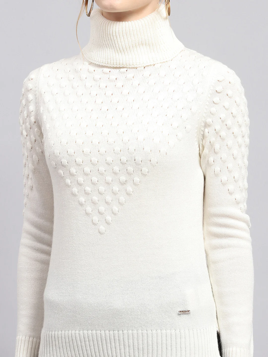 Women White Self Design High Neck Full Sleeve Winter Tops - Image 6