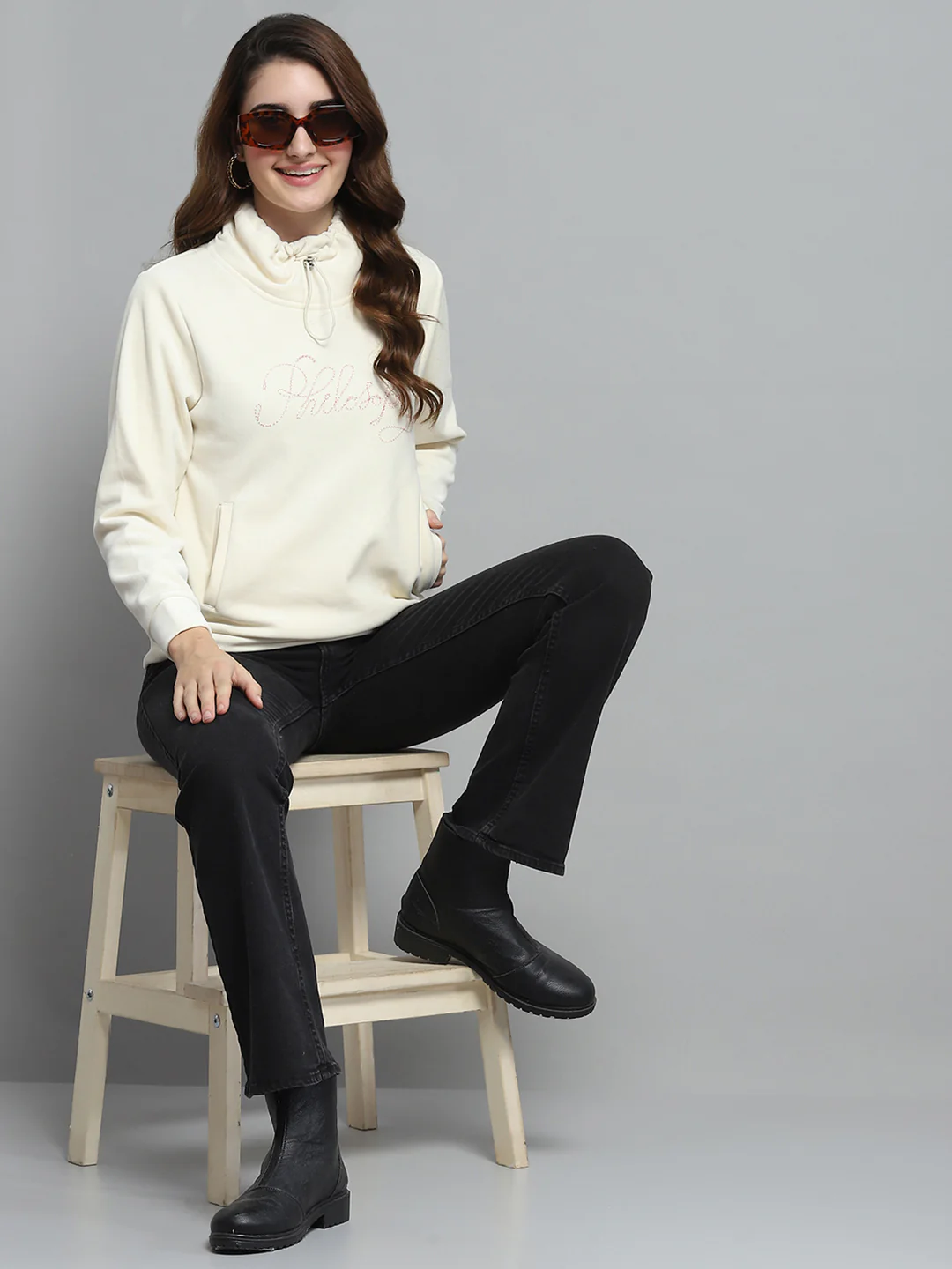 Women White Self Design Mock Neck Full Sleeve Sweatshirt - Image 2