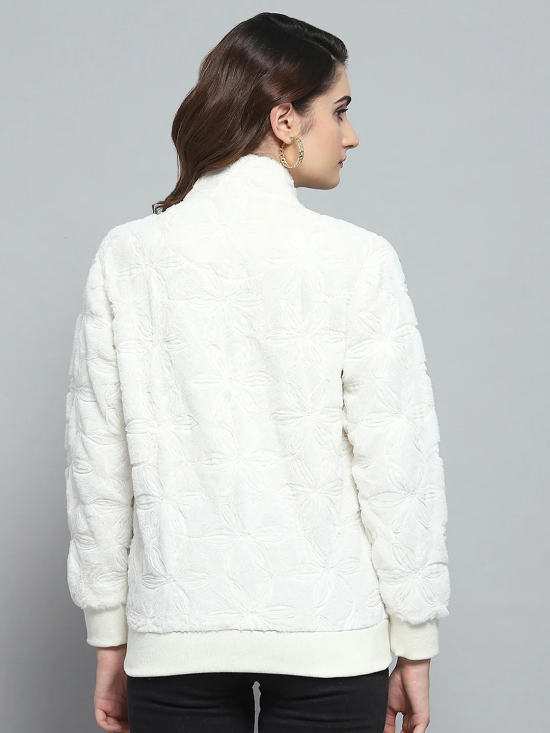 Women White Self Design Mock Neck Full Sleeve Sweatshirt - Image 5