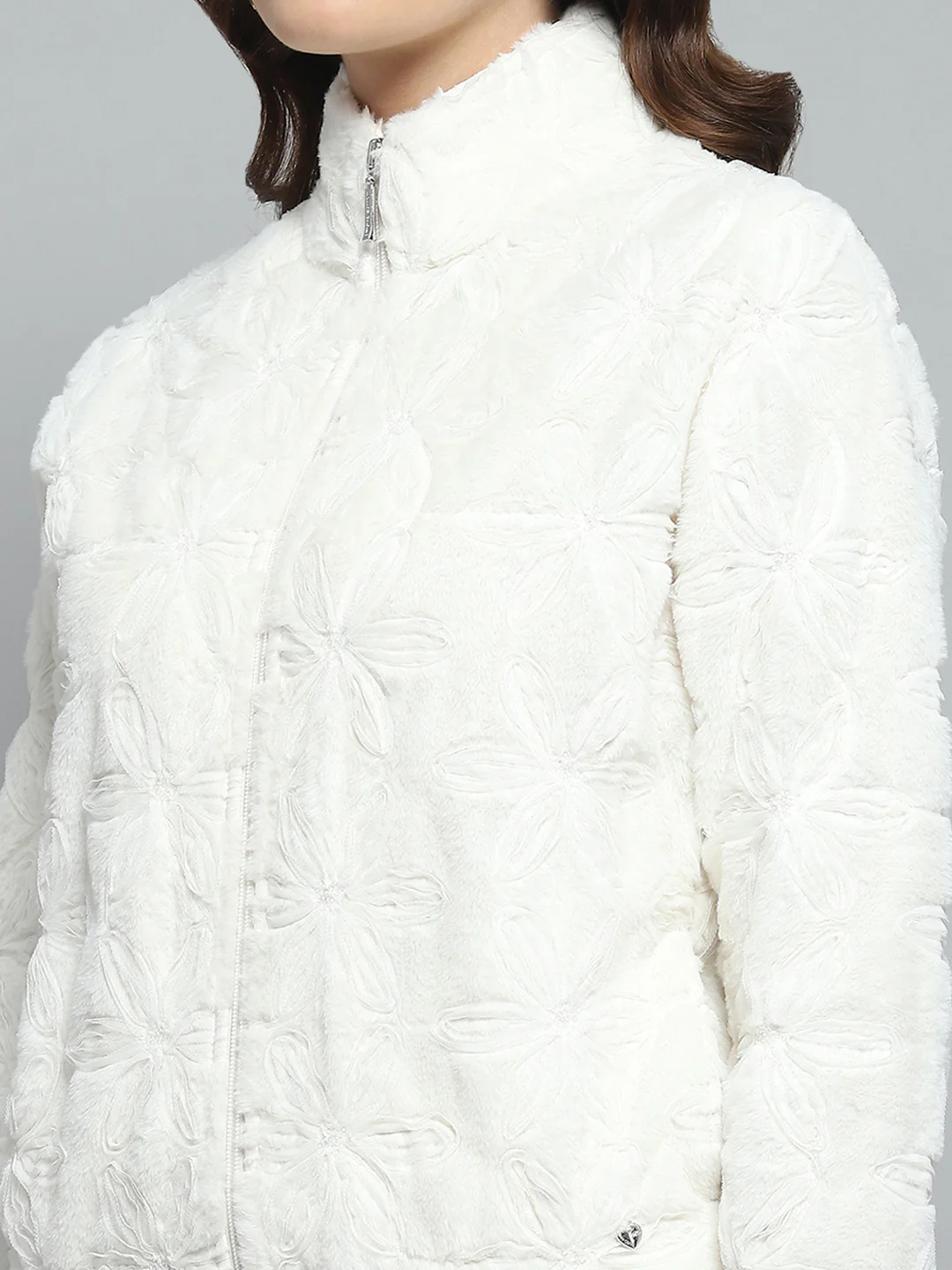 Women White Self Design Mock Neck Full Sleeve Sweatshirt - Image 6