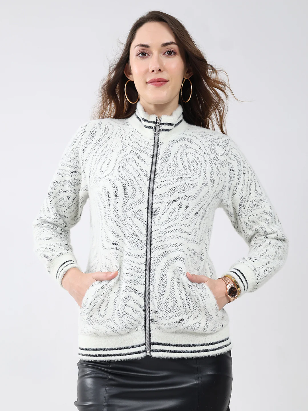 Women White Self Design Mock Neck Full Sleeve Sweatshirt