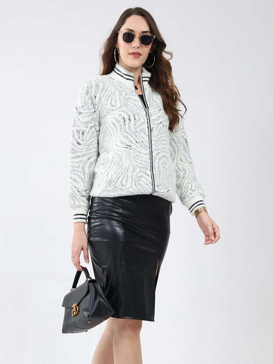 Women White Self Design Mock Neck Full Sleeve Sweatshirt - Image 6