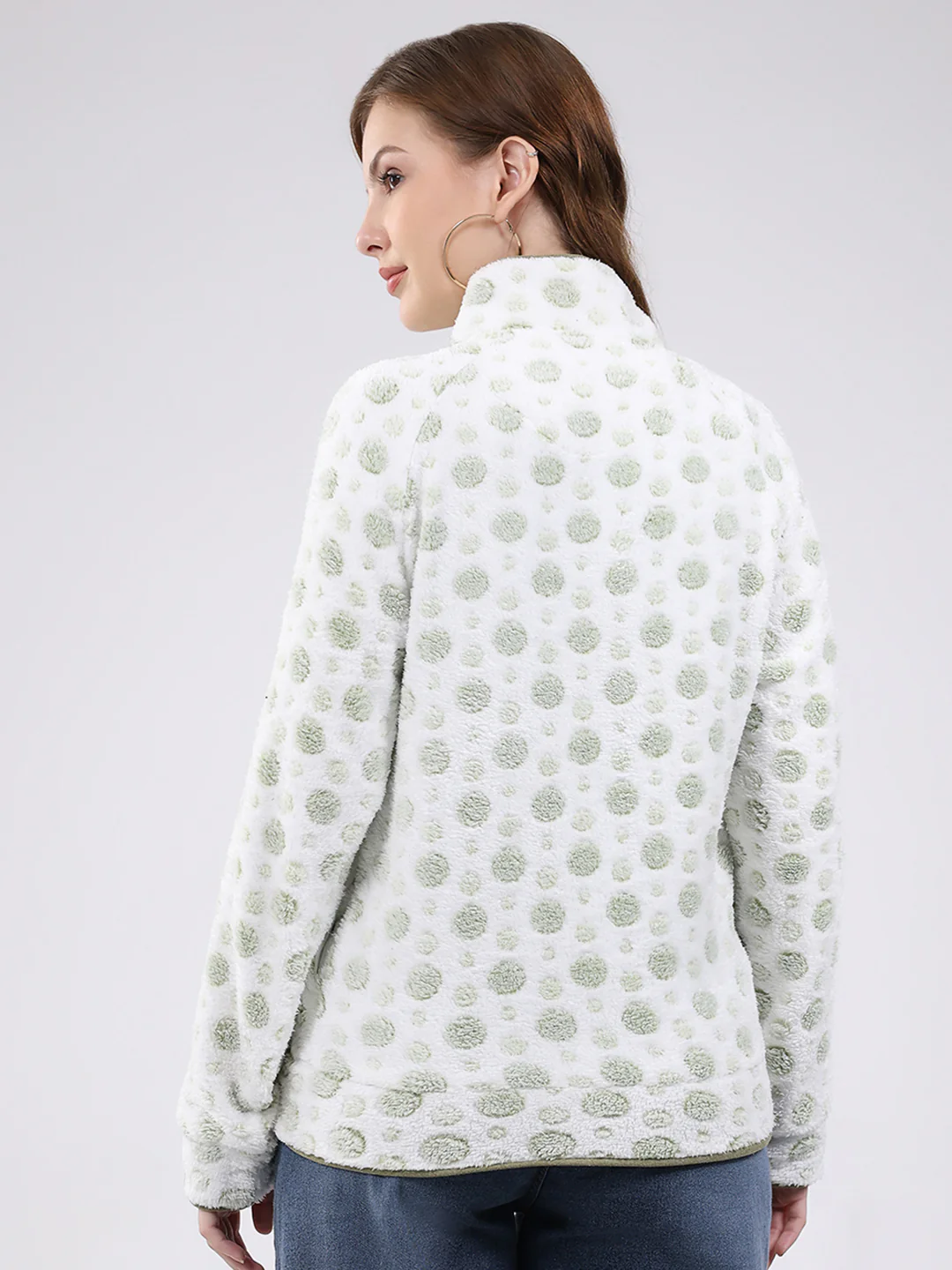 Women White Self Design Mock Neck Full Sleeve Sweatshirt - Image 5