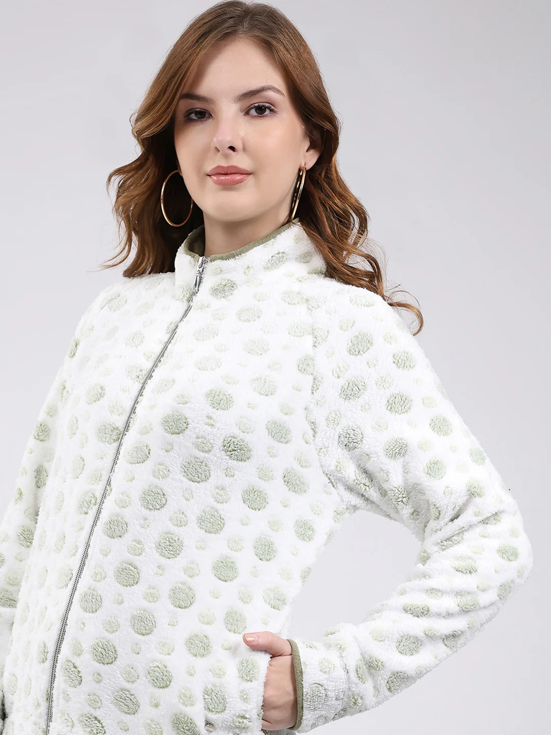 Women White Self Design Mock Neck Full Sleeve Sweatshirt - Image 6