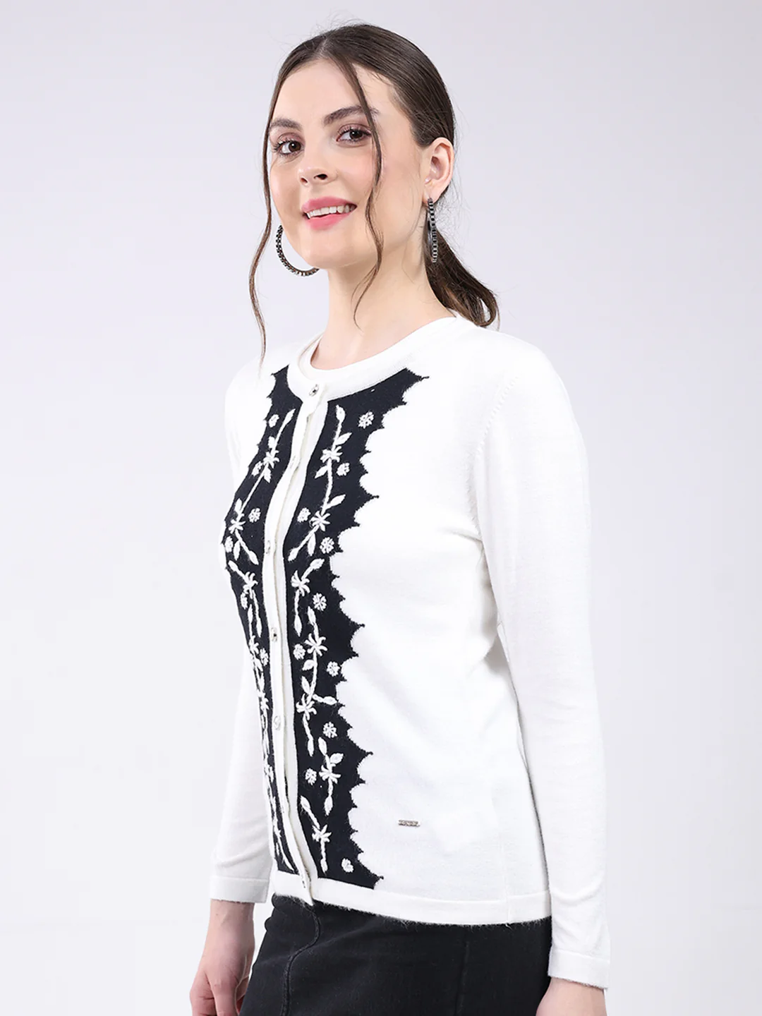Women White Self Design Round Neck Full Sleeve Cardigan - Image 3