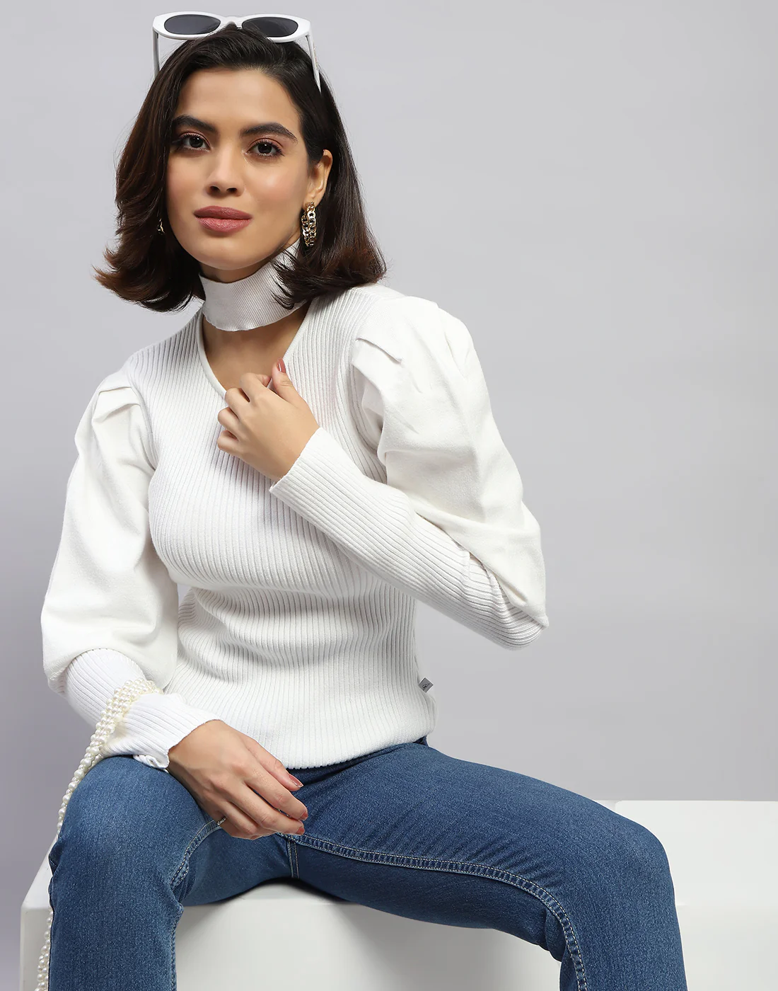 Women White Self Design Round Neck Full Sleeve Sceavy - Image 2