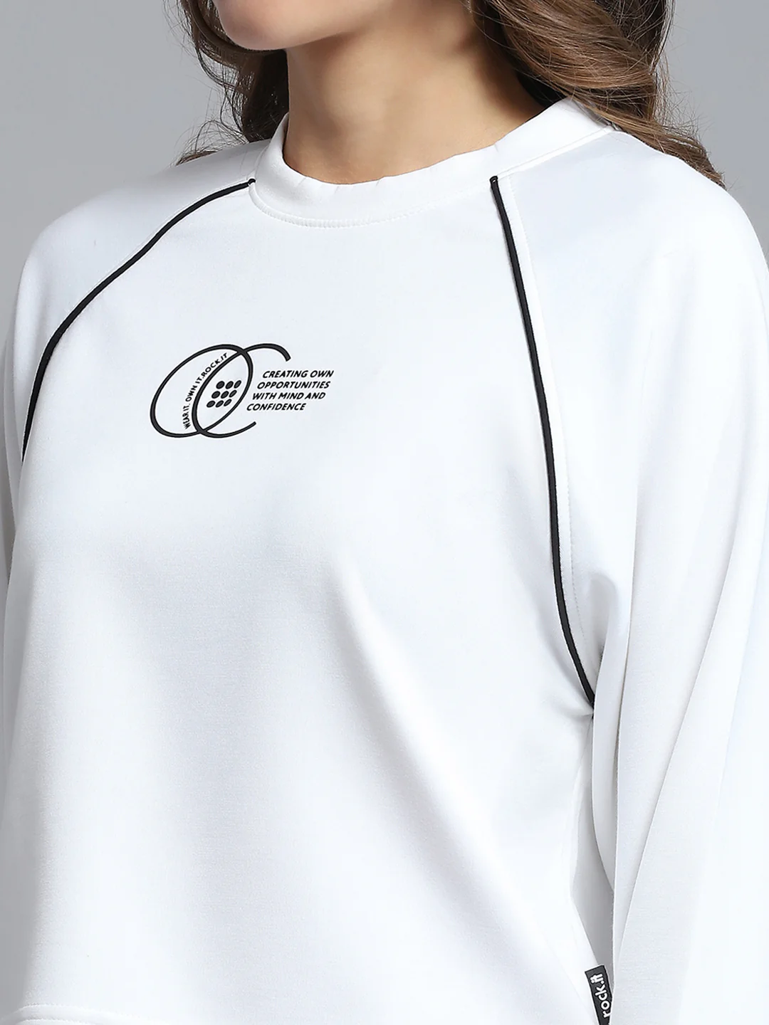 Rock.it Women White Self Design Round Neck Full Sleeve Sweatshirt - Image 7