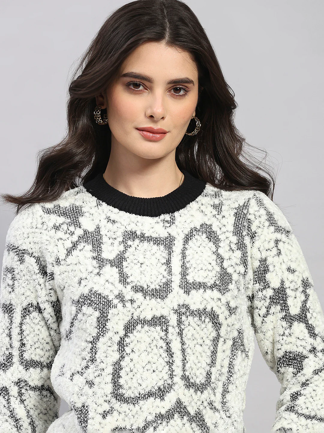 Women White Self Design Round Neck Full Sleeve Winter Top - Image 7