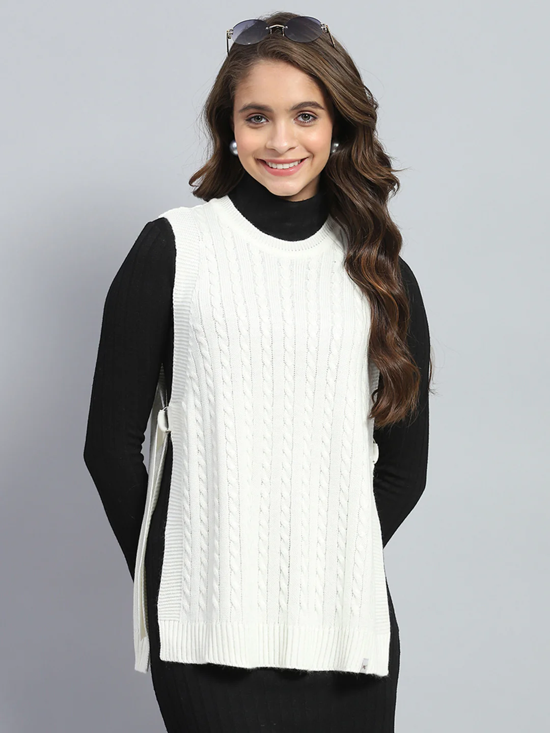 Women White Self Design Round Neck Sleeveless Winter Top - Image 2