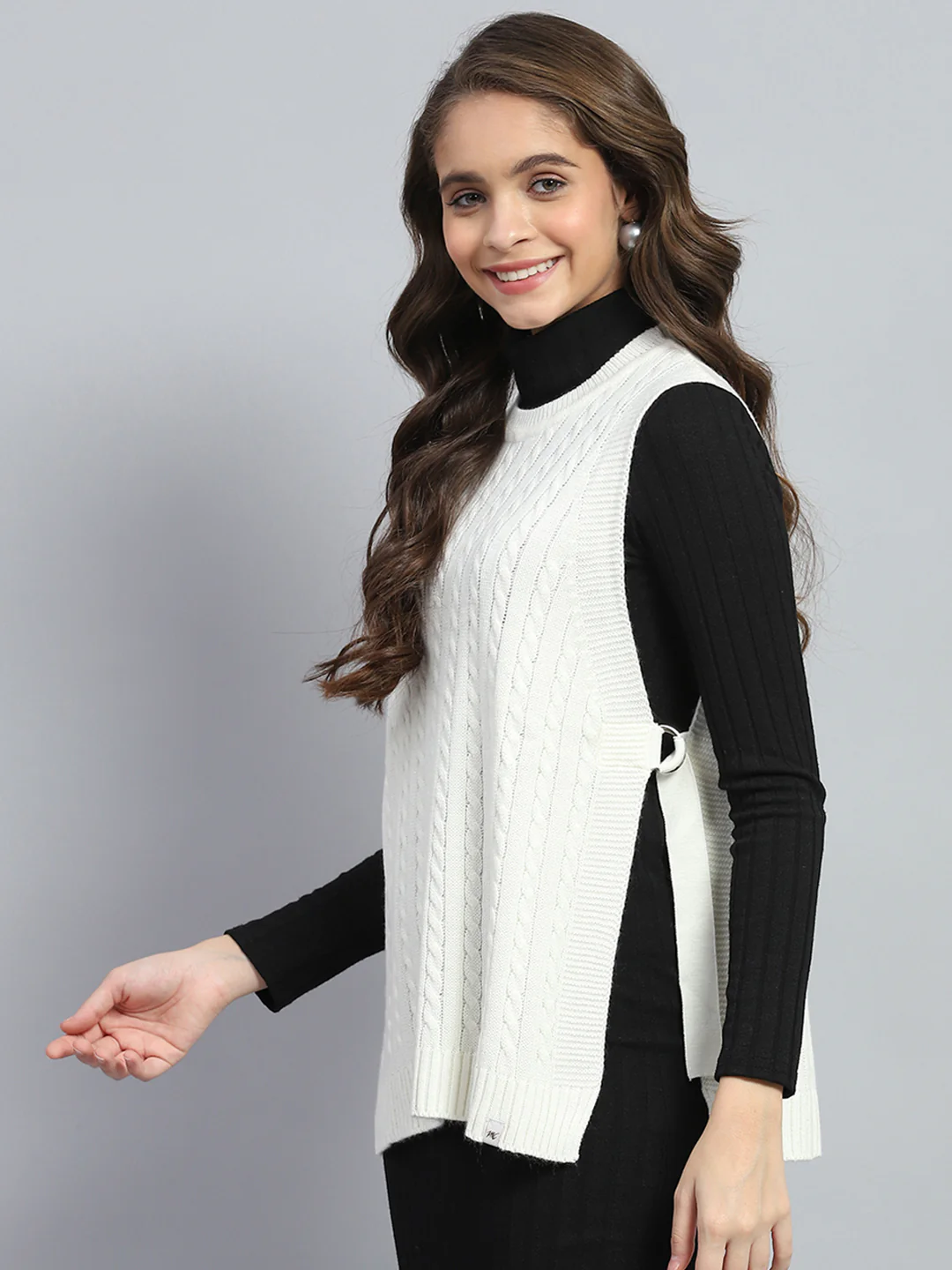Women White Self Design Round Neck Sleeveless Winter Top - Image 3