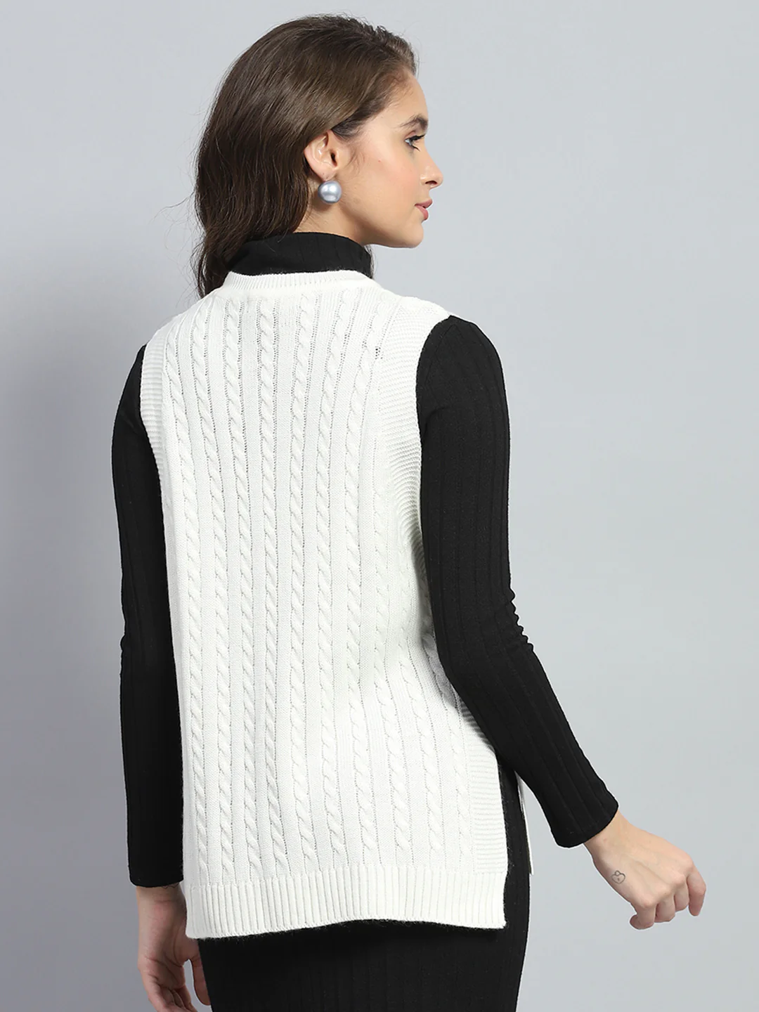 Women White Self Design Round Neck Sleeveless Winter Top - Image 5