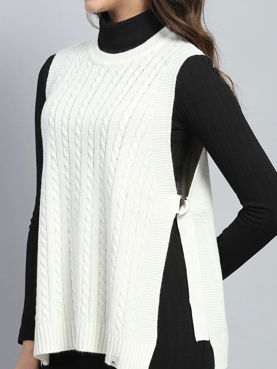 Women White Self Design Round Neck Sleeveless Winter Top - Image 6
