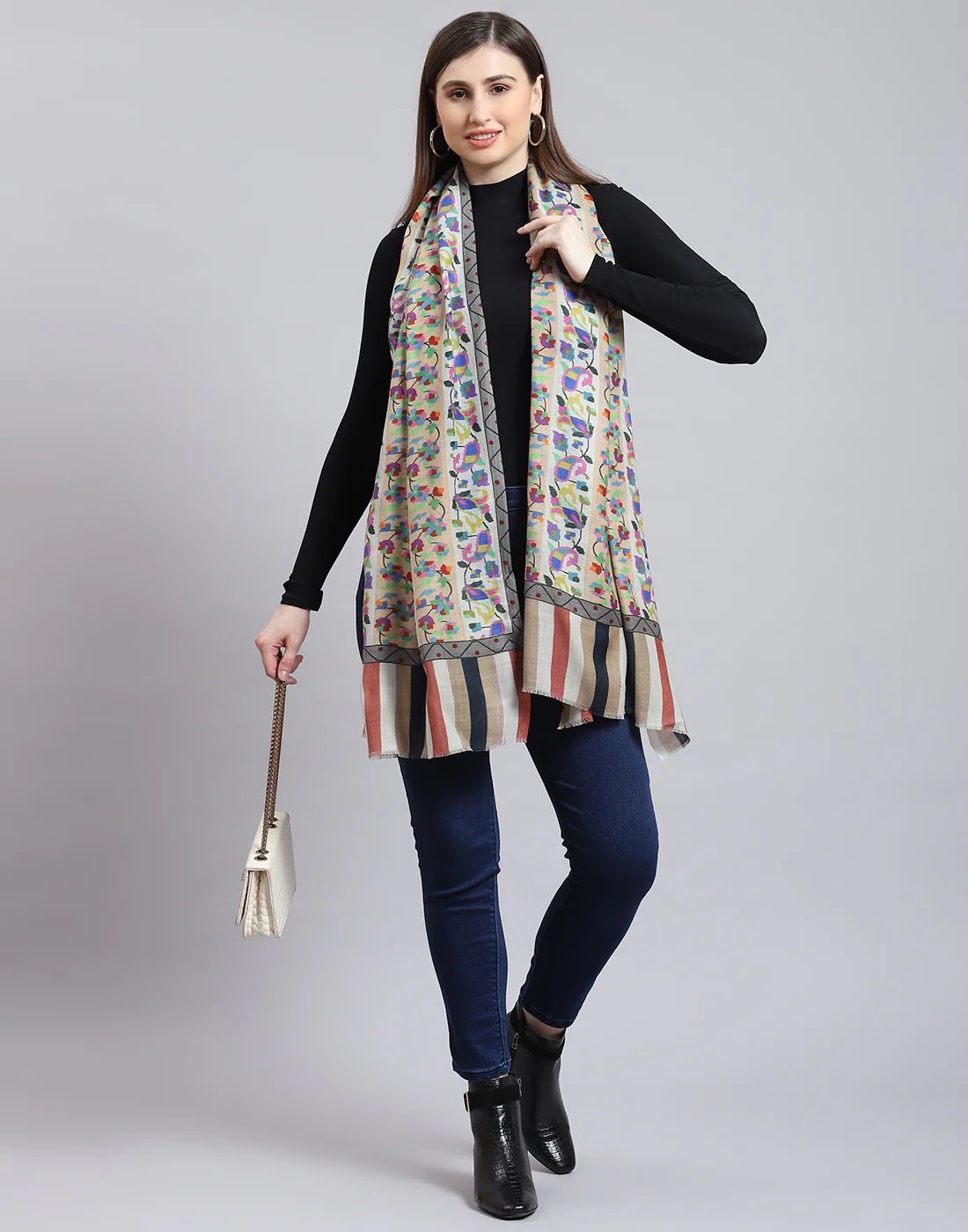 Women White Self Design Shawl - Image 2