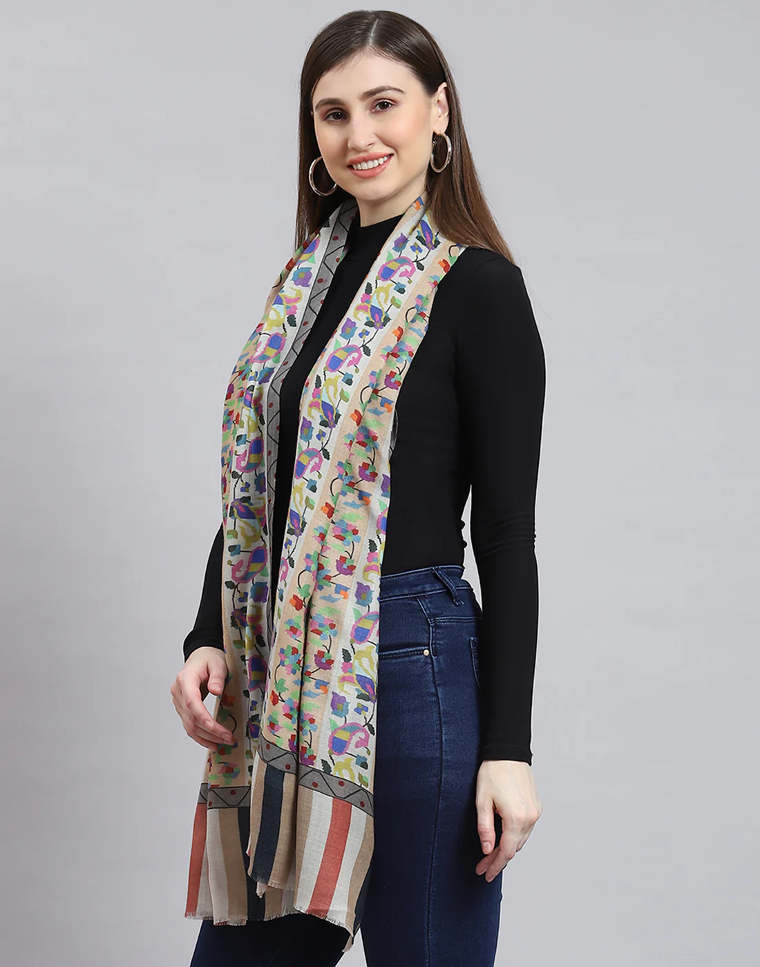 Women White Self Design Shawl - Image 4