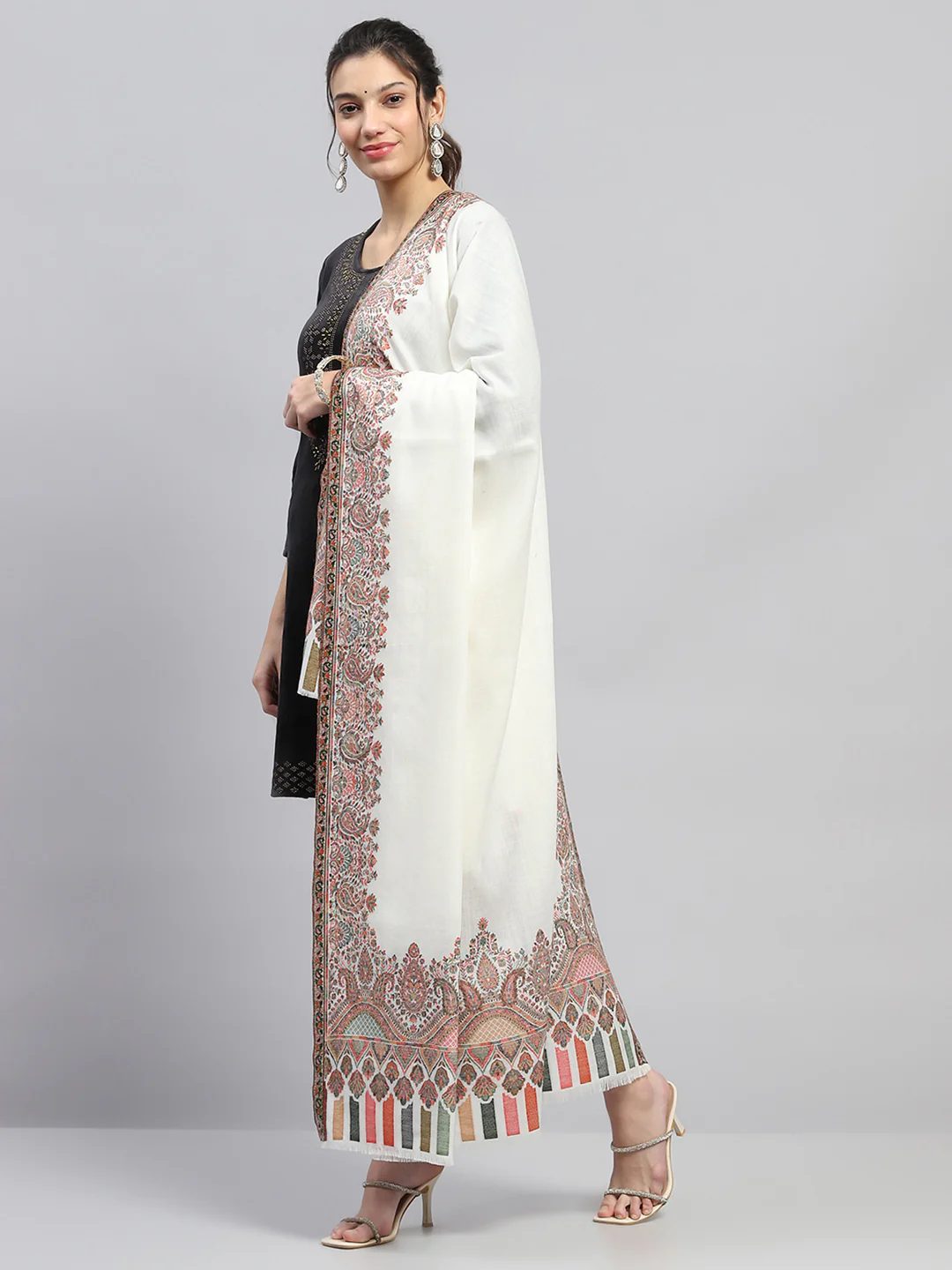 Women White Self Design Shawl - Image 3