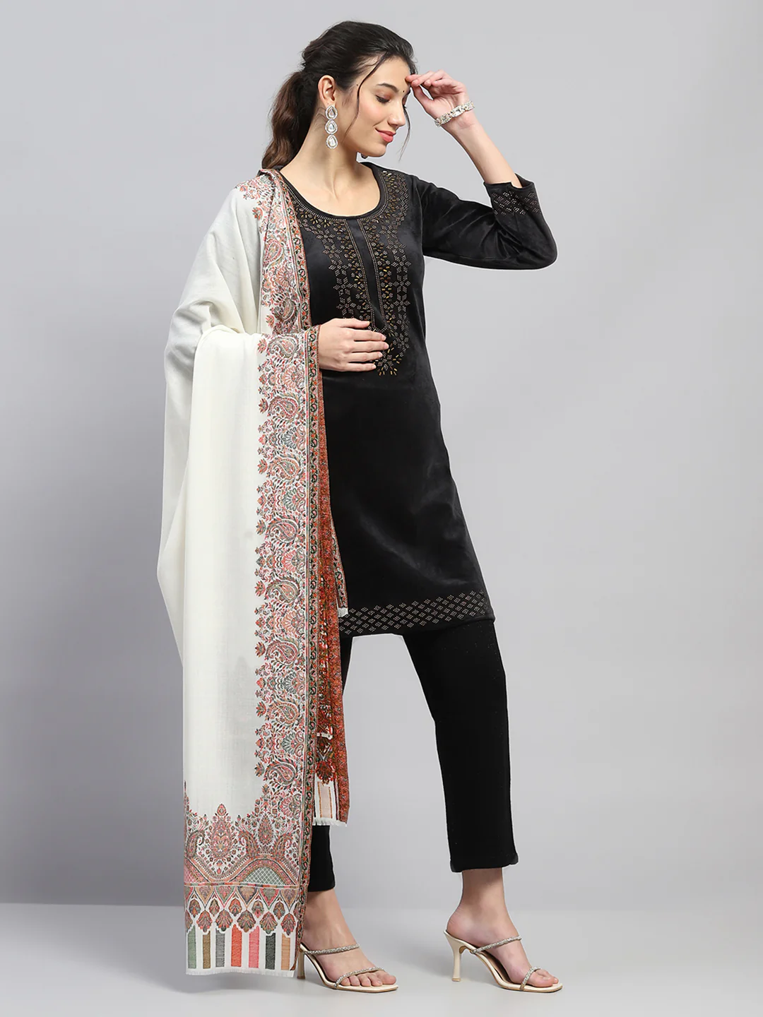 Women White Self Design Shawl - Image 4