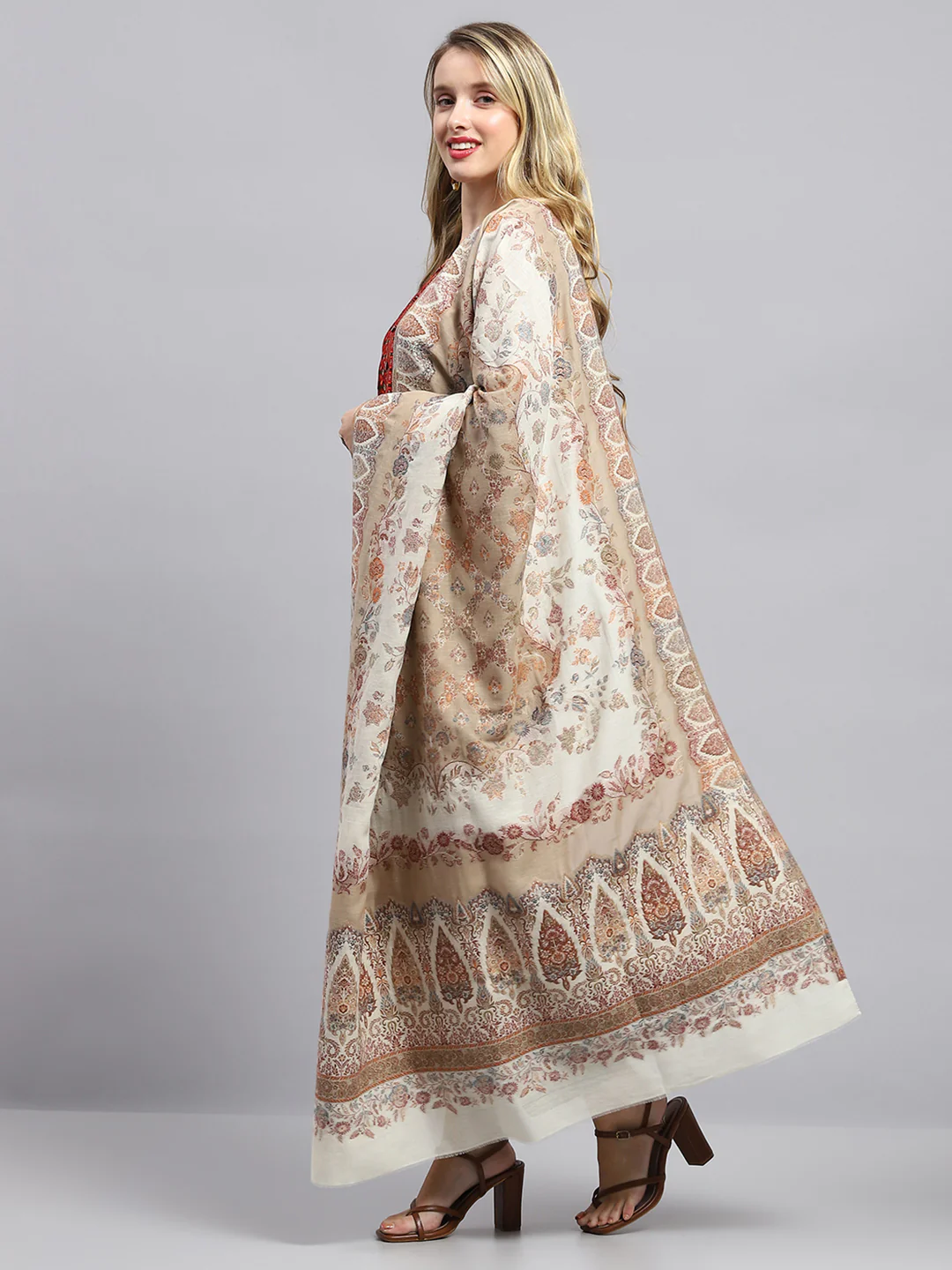Women White Self Design Shawl - Image 3