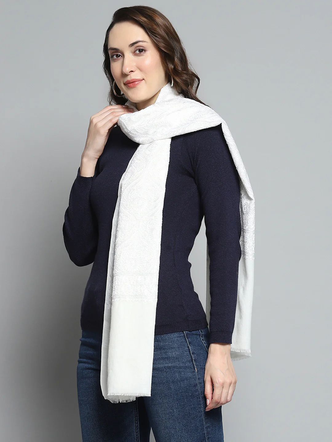 Women White Self Design Stole - Image 3