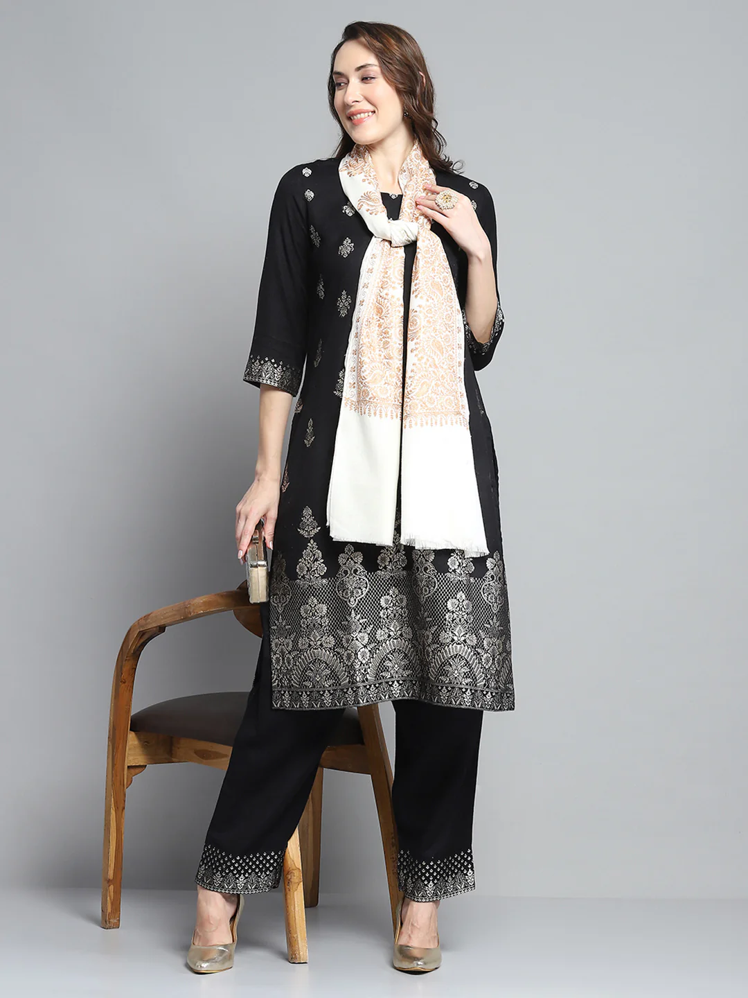 Women White Self Design Stole - Image 2