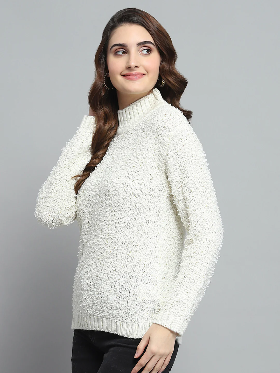 Women White Self Design Turtle Neck Full Sleeve Winter Tops - Image 3
