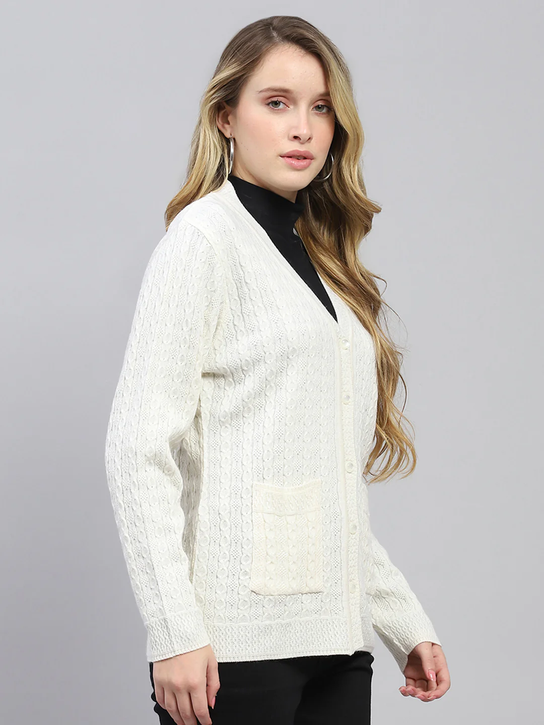 Women White Self Design V Neck Full Sleeve Cardigan - Image 4