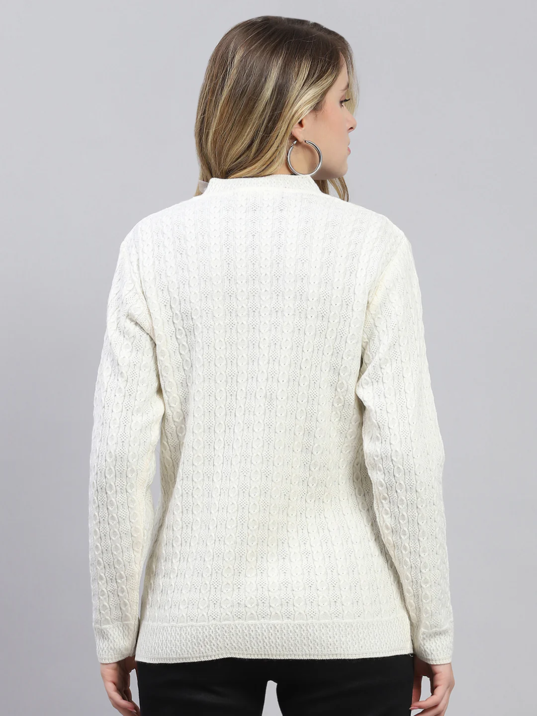 Women White Self Design V Neck Full Sleeve Cardigan - Image 5
