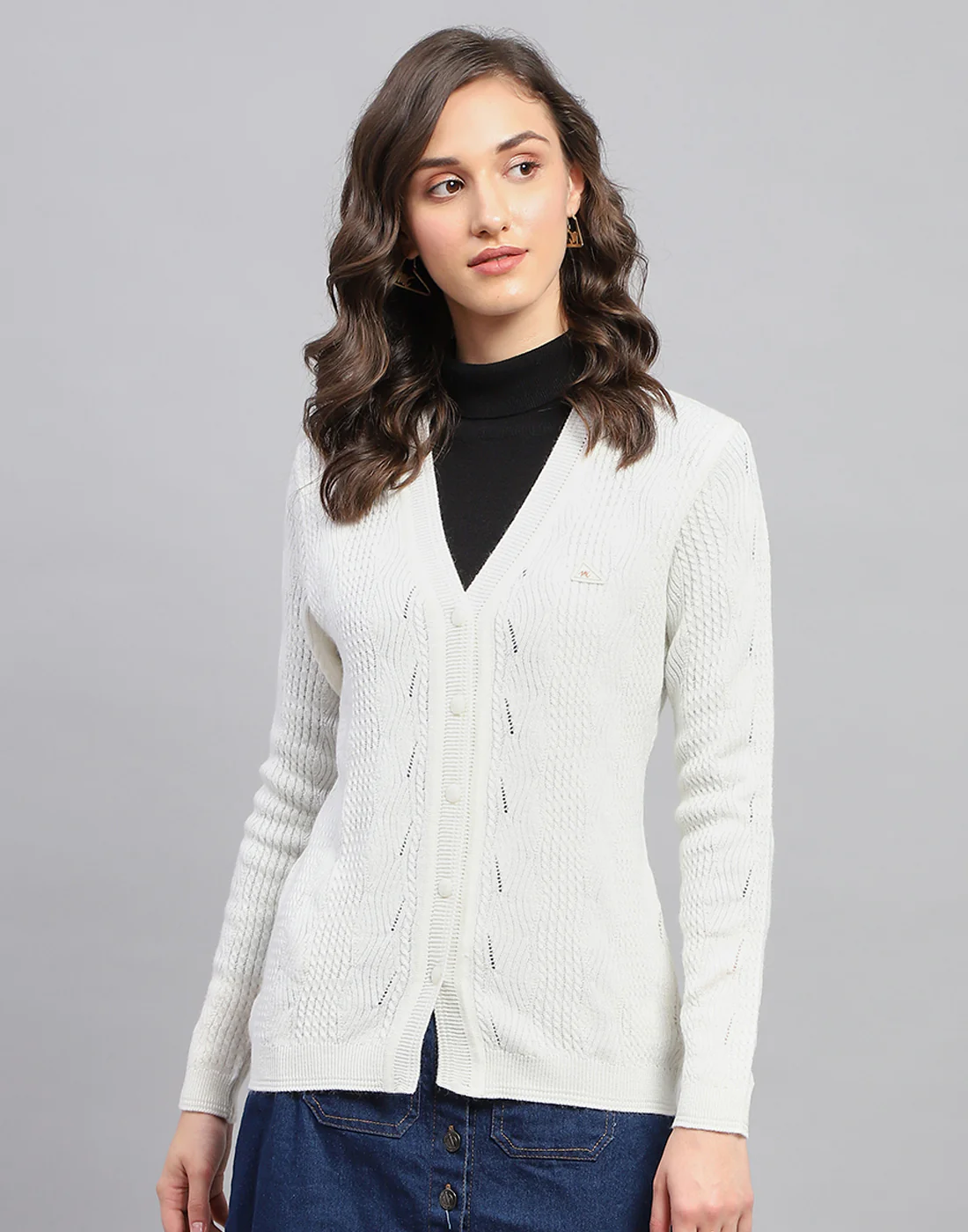 Women White Self Design V Neck Full Sleeve Cardigan - Image 2