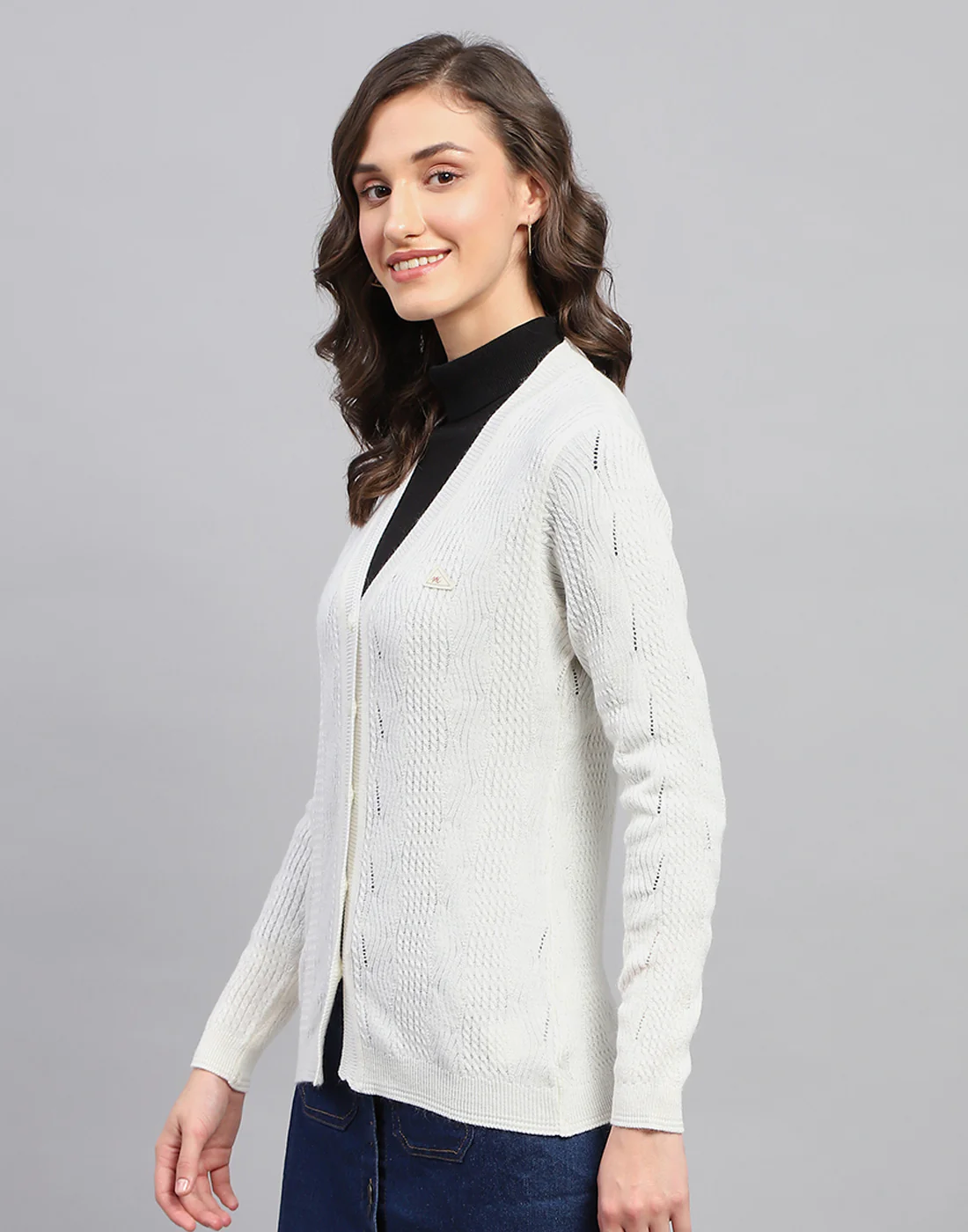 Women White Self Design V Neck Full Sleeve Cardigan - Image 3
