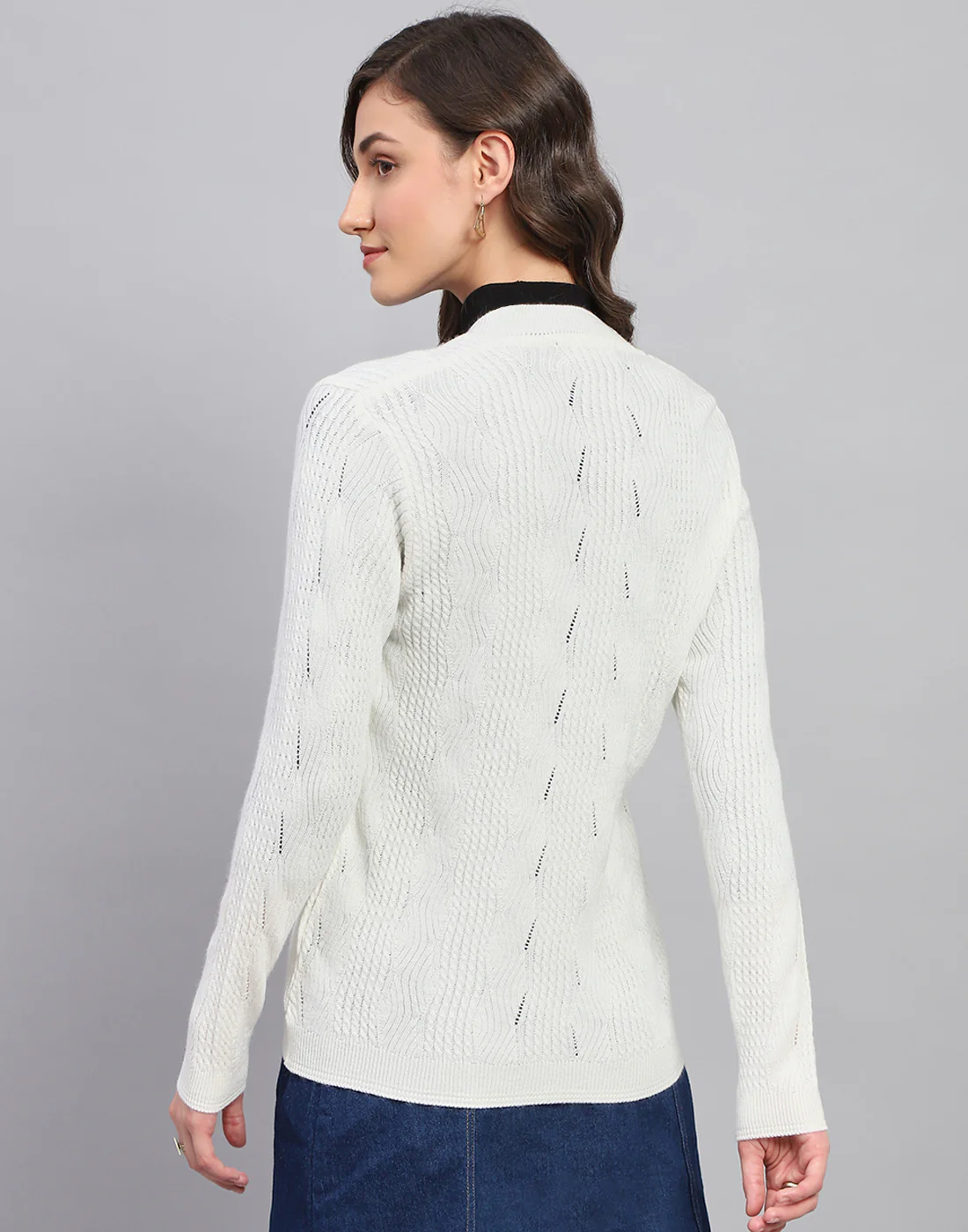 Women White Self Design V Neck Full Sleeve Cardigan - Image 5