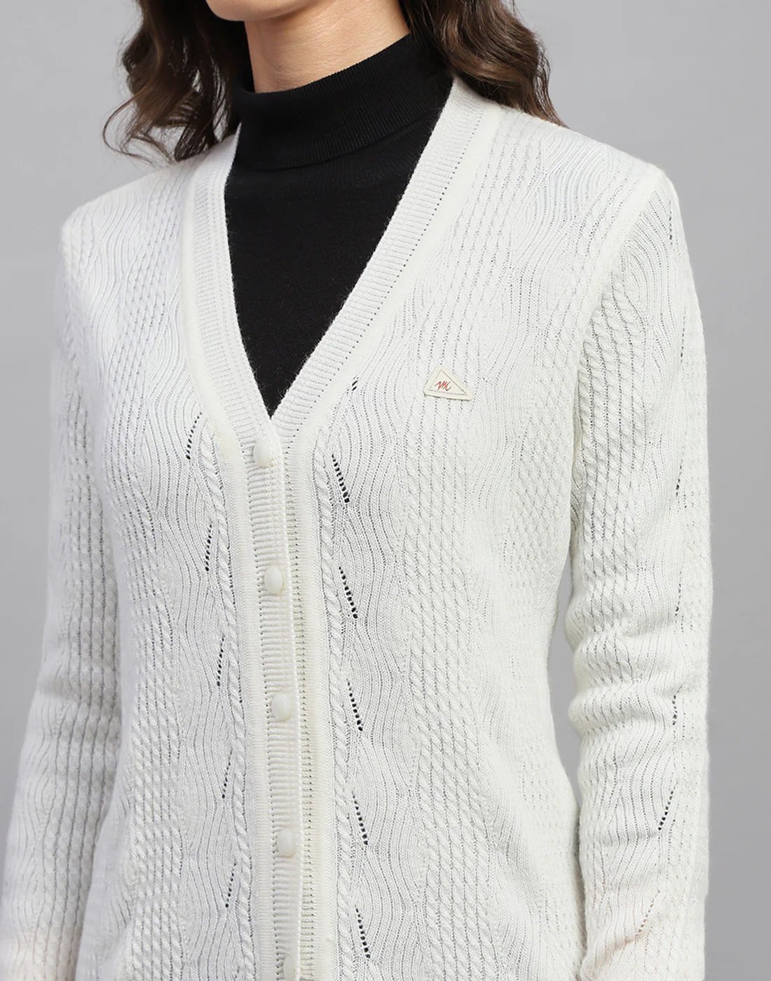 Women White Self Design V Neck Full Sleeve Cardigan - Image 6