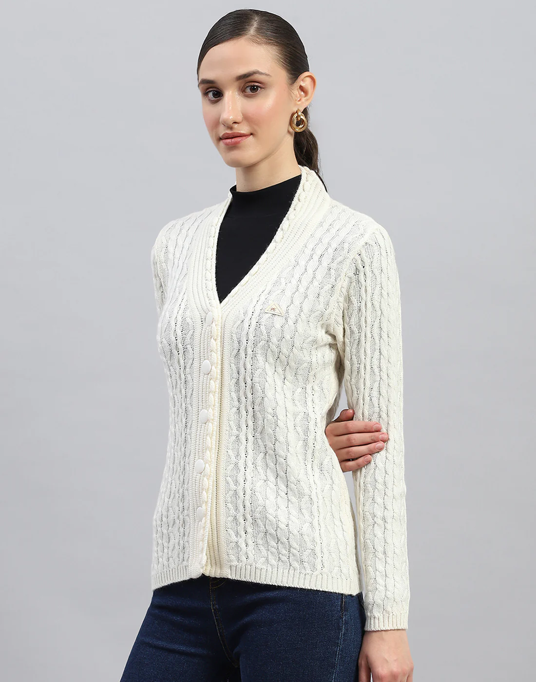 Women White Self Design V Neck Full Sleeve Cardigan - Image 3