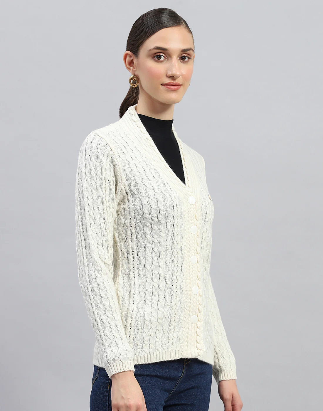 Women White Self Design V Neck Full Sleeve Cardigan - Image 4