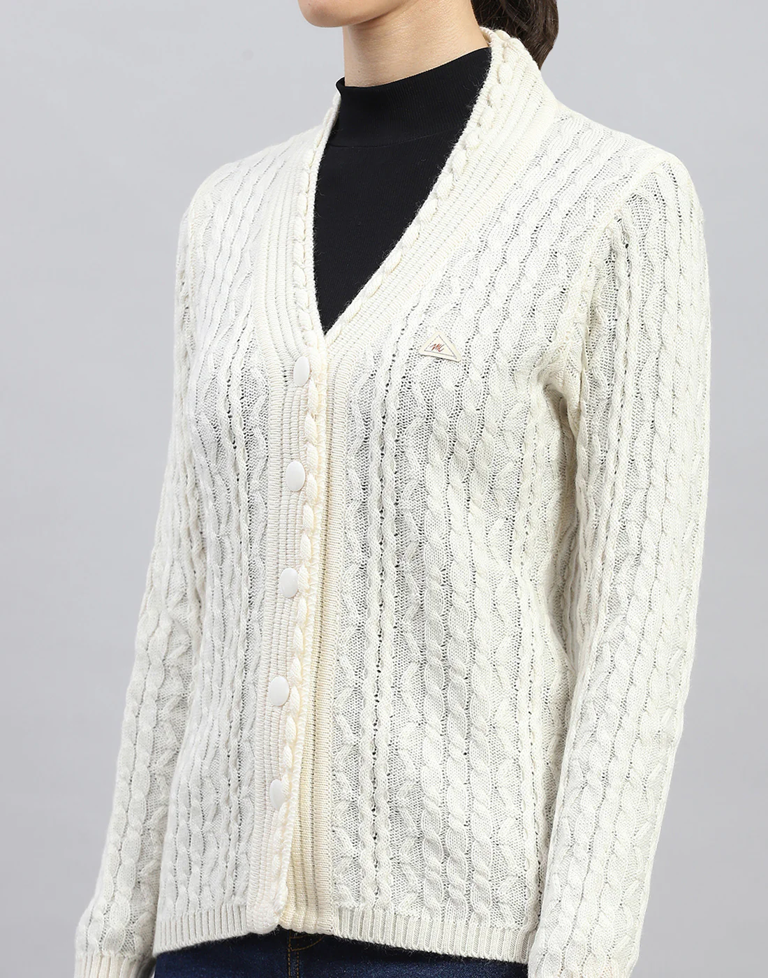 Women White Self Design V Neck Full Sleeve Cardigan - Image 7