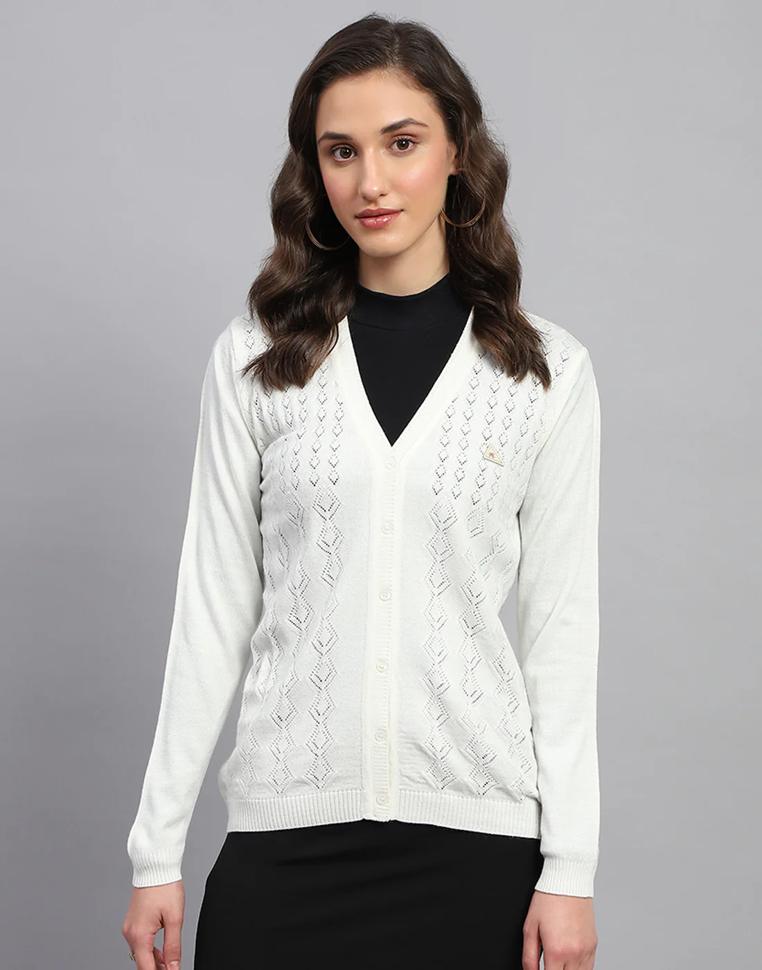 Women White Self Design V Neck Full Sleeve Cardigan - Image 2