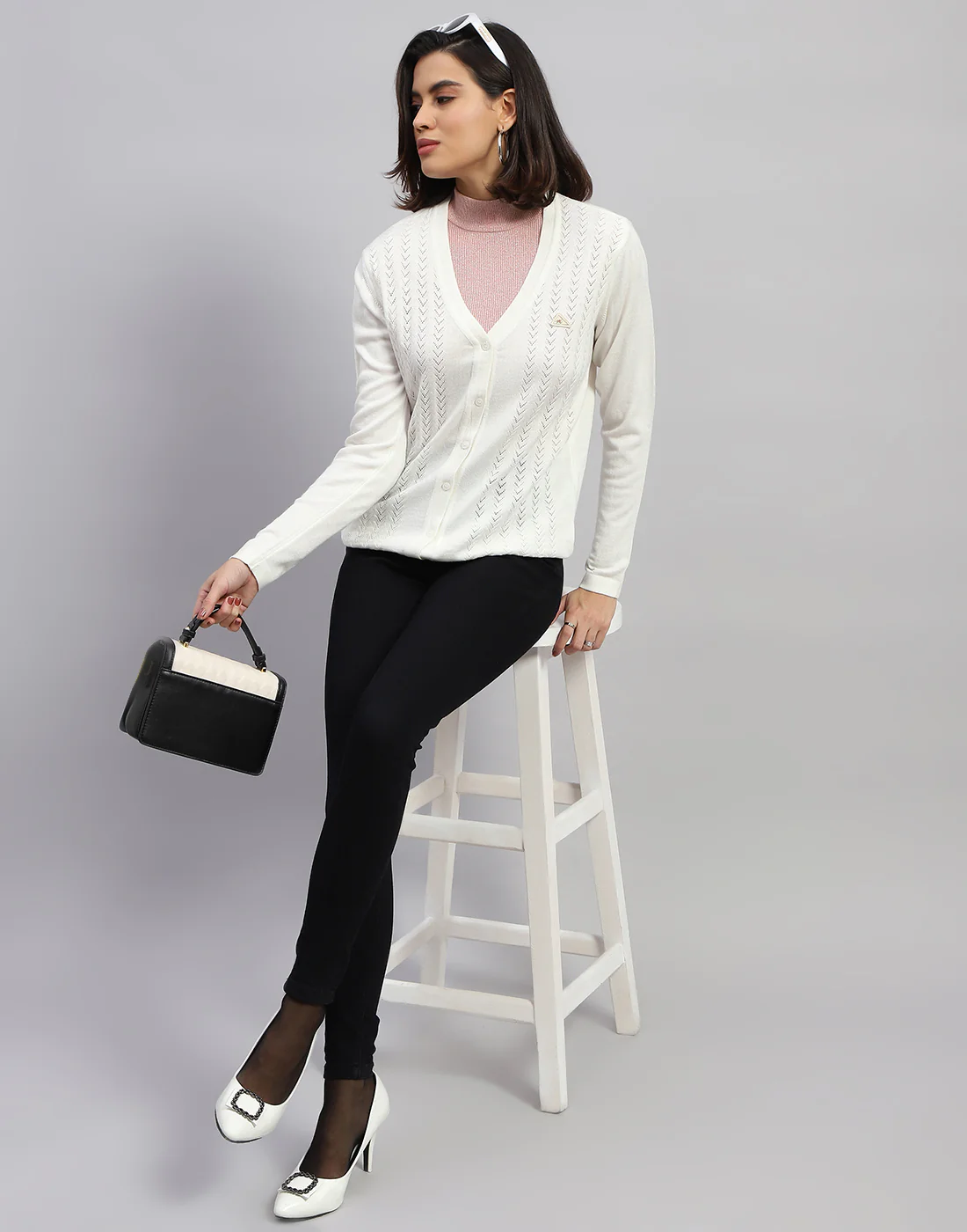 Women White Self Design V Neck Full Sleeve Cardigan - Image 2